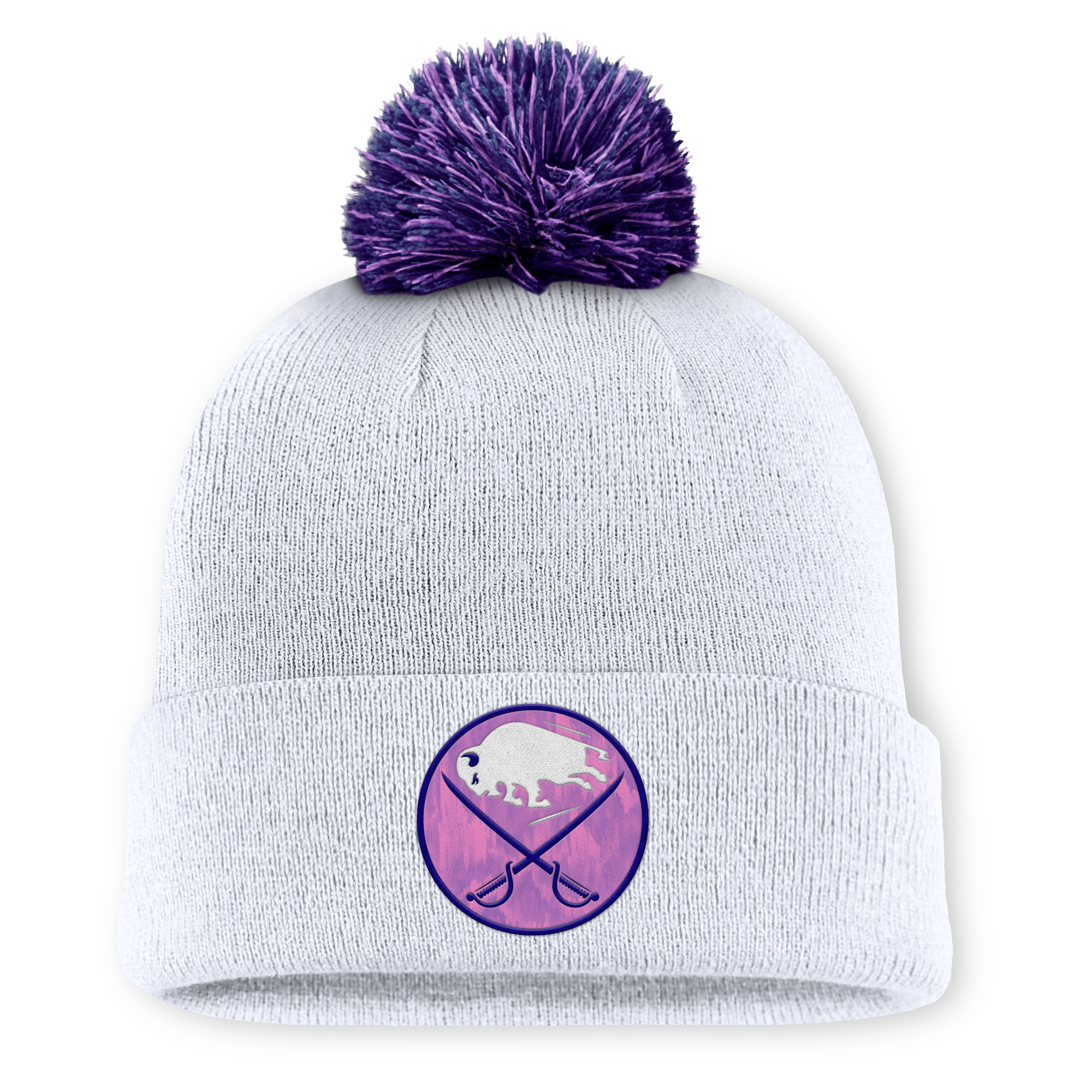 Men’s Fanatics White Buffalo Sabres Authentic Pro Hockey Fights Cancer Cuffed Knit Hat with Pom Men’s Fanatics White Buffalo Sabres Authentic Pro Hockey Fights Cancer Cuffed Knit Hat with Pom