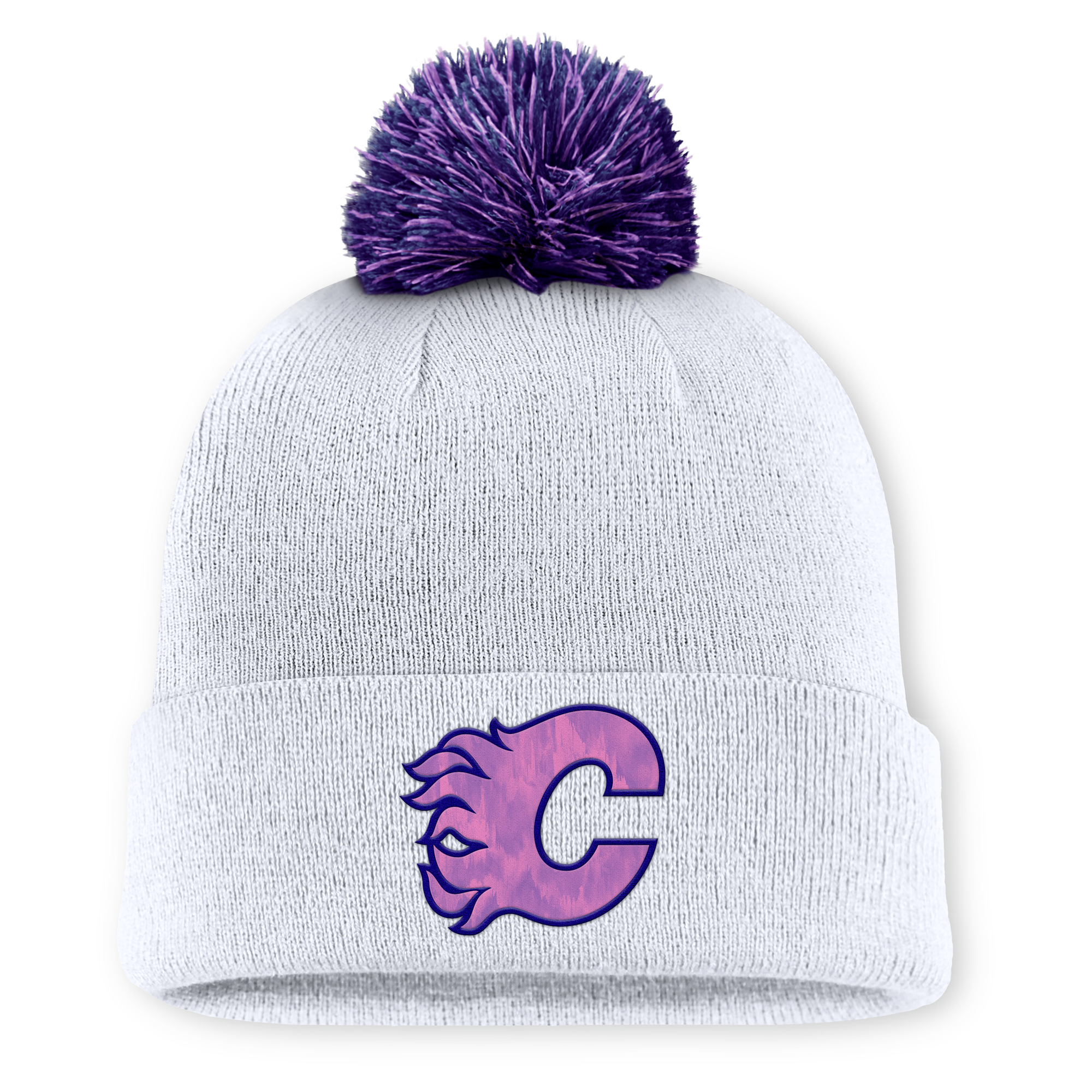 Men’s Fanatics White Calgary Flames Authentic Pro Hockey Fights Cancer Cuffed Knit Hat with Pom Men’s Fanatics White Calgary Flames Authentic Pro Hockey Fights Cancer Cuffed Knit Hat with Pom