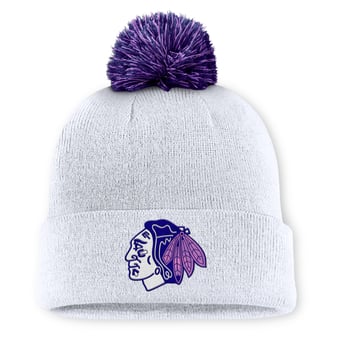 Men's Fanatics  White Chicago Blackhawks Authentic Pro Hockey Fights Cancer Cuffed Knit Hat with Pom