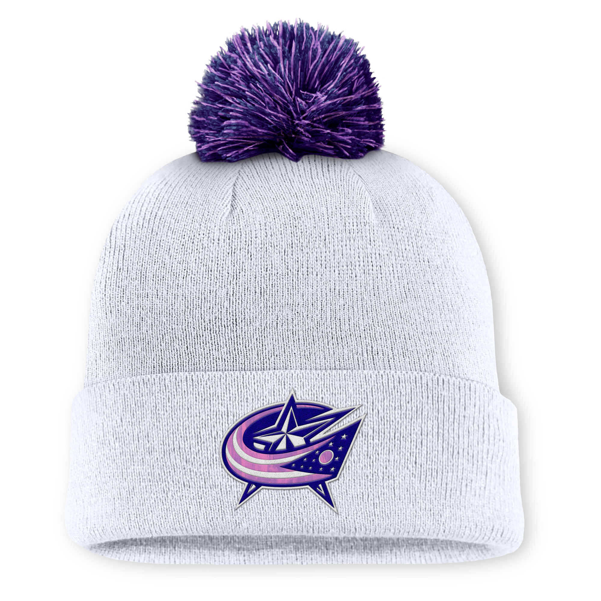 Men’s Fanatics White Columbus Blue Jackets Authentic Pro Hockey Fights Cancer Cuffed Knit Hat with Pom