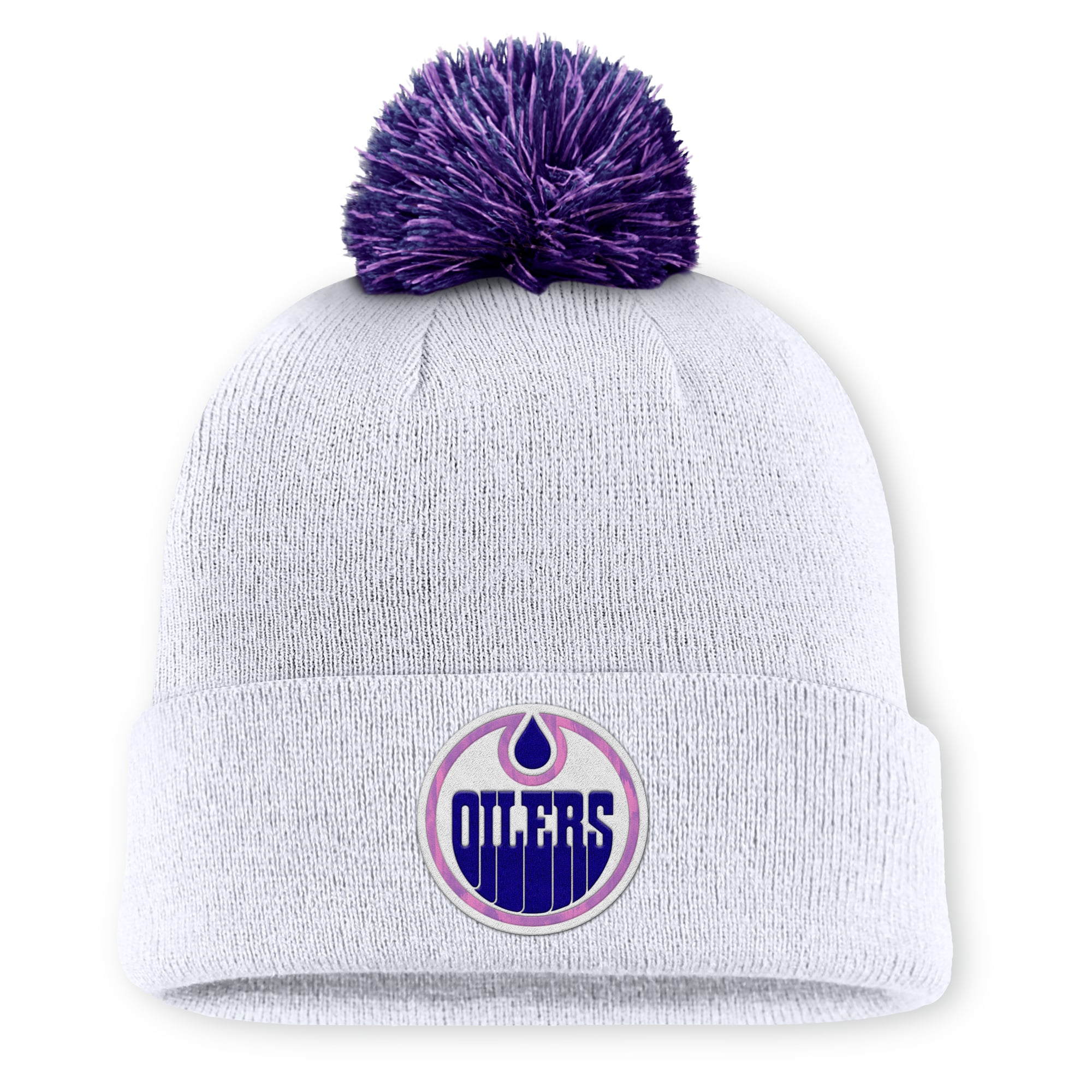 Men's Fanatics  White Edmonton Oilers Authentic Pro Hockey Fights Cancer Cuffed Knit Hat with Pom