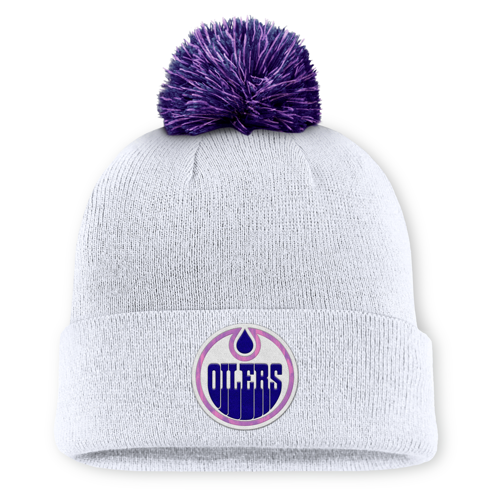 Men’s Fanatics White Edmonton Oilers Authentic Pro Hockey Fights Cancer Cuffed Knit Hat with Pom Men’s Fanatics White Edmonton Oilers Authentic Pro Hockey Fights Cancer Cuffed Knit Hat with Pom