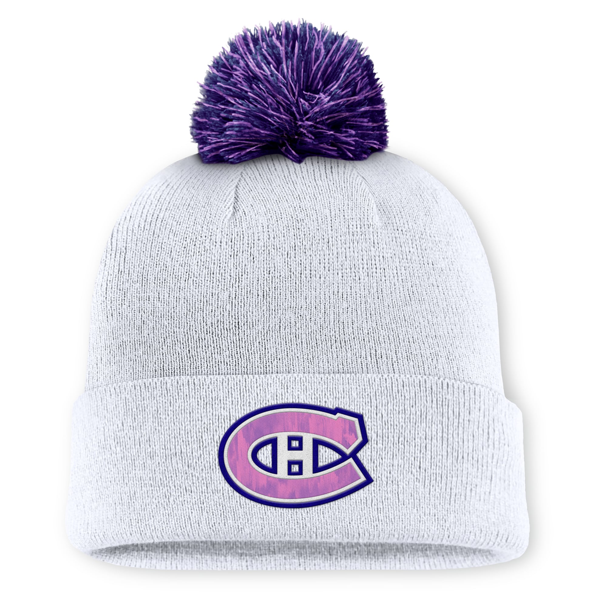 Men's Fanatics  White Montreal Canadiens Authentic Pro Hockey Fights Cancer Cuffed Knit Hat with Pom