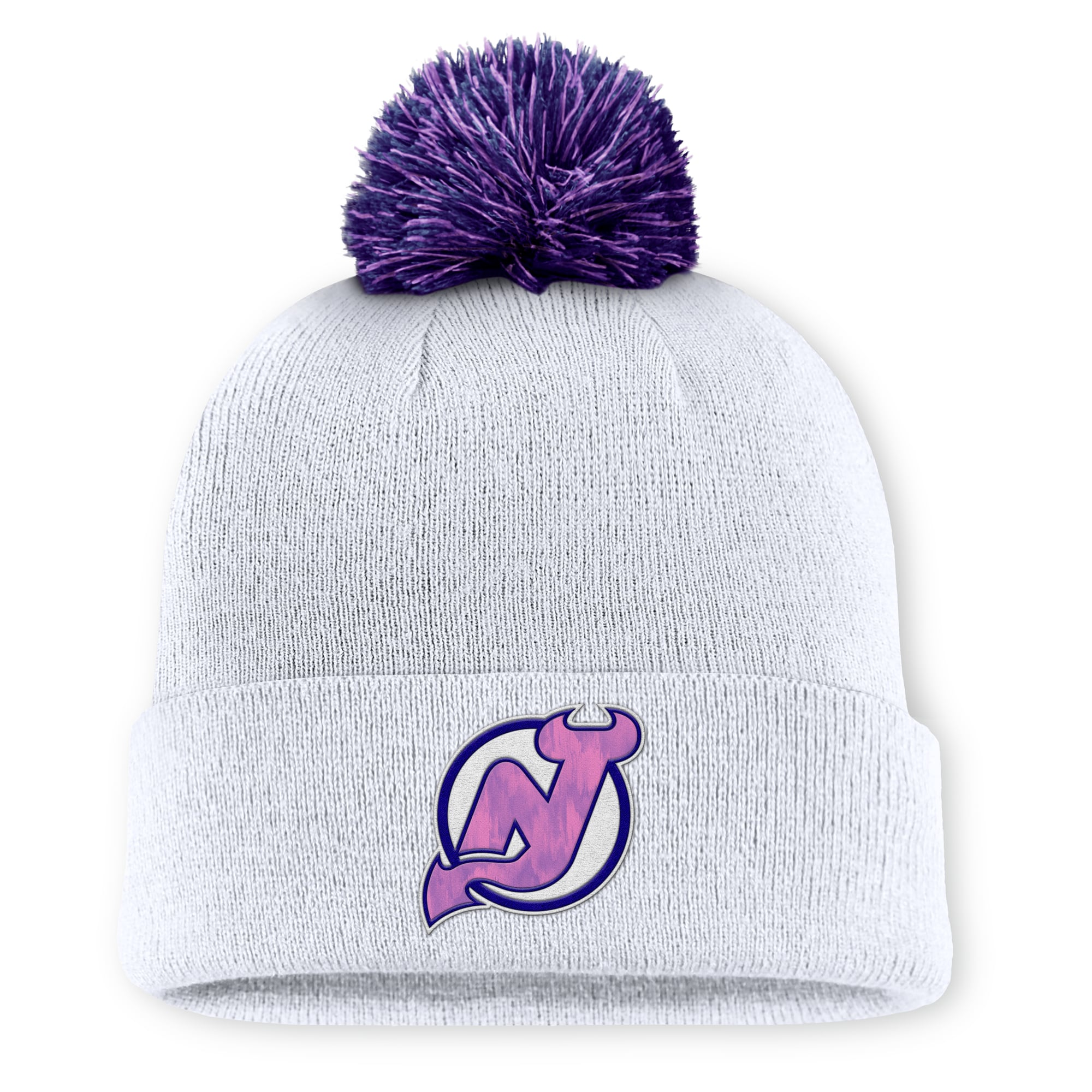 Men's Fanatics  White New Jersey Devils Authentic Pro Hockey Fights Cancer Cuffed Knit Hat with Pom