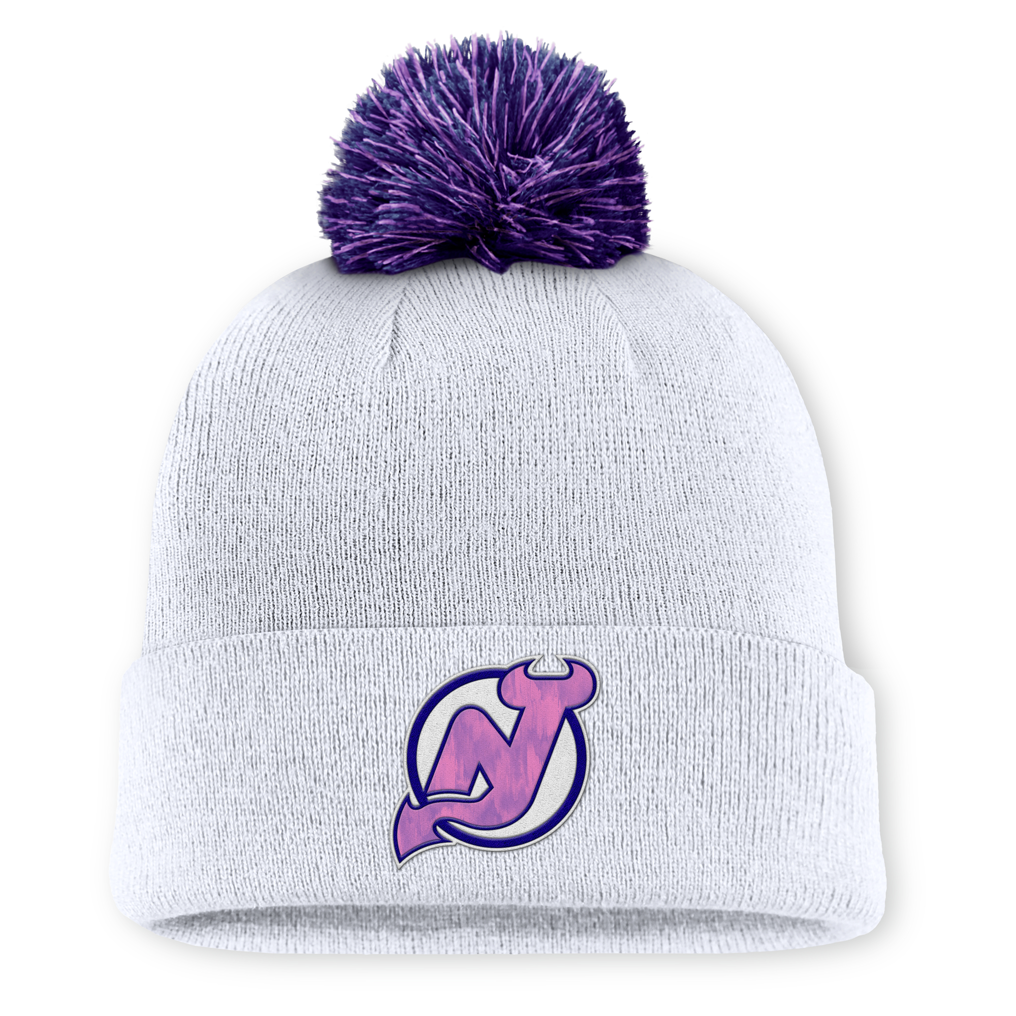 Men’s Fanatics White New Jersey Devils Authentic Pro Hockey Fights Cancer Cuffed Knit Hat with Pom Men’s Fanatics White New Jersey Devils Authentic Pro Hockey Fights Cancer Cuffed Knit Hat with Pom
