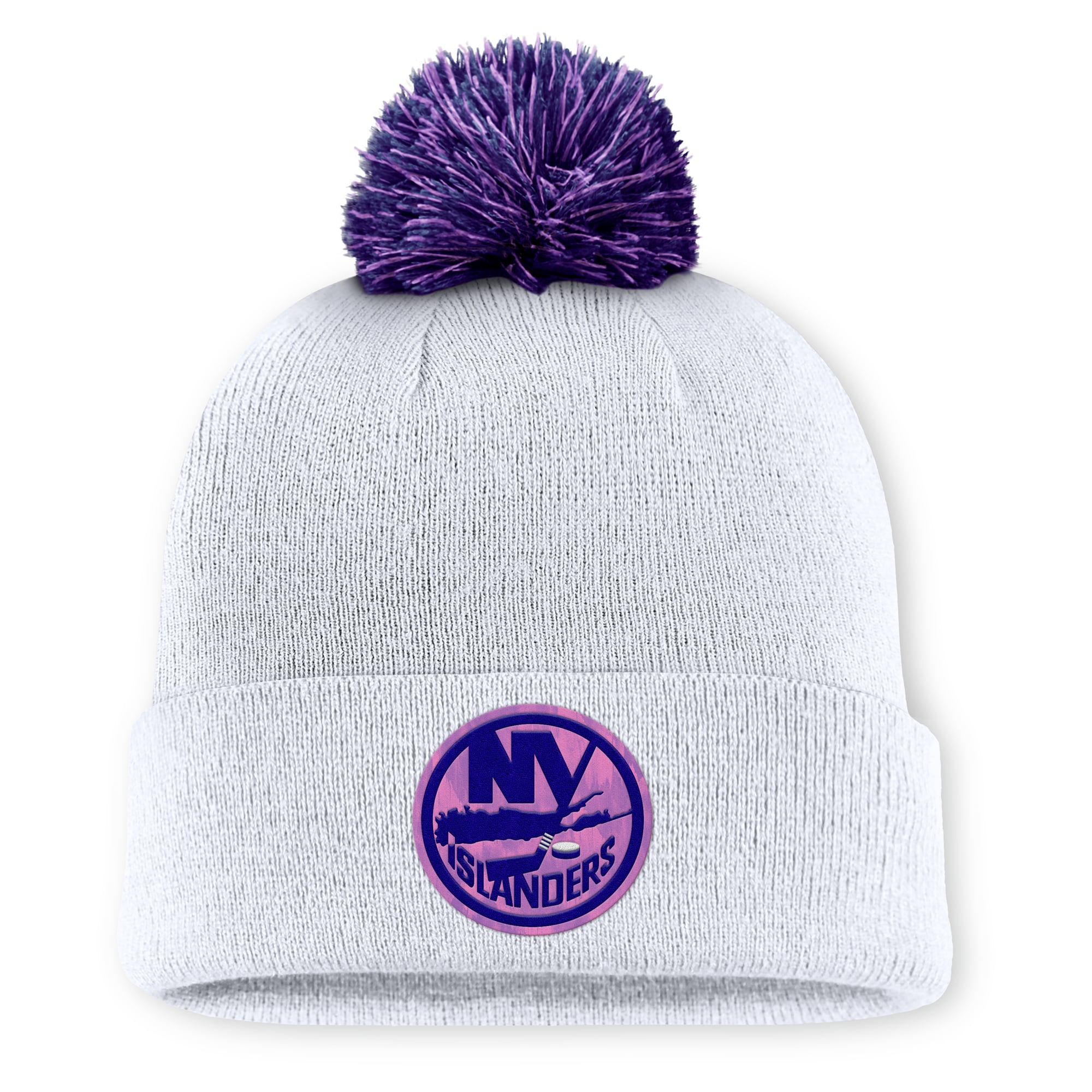 Men's Fanatics  White New York Islanders Authentic Pro Hockey Fights Cancer Cuffed Knit Hat with Pom