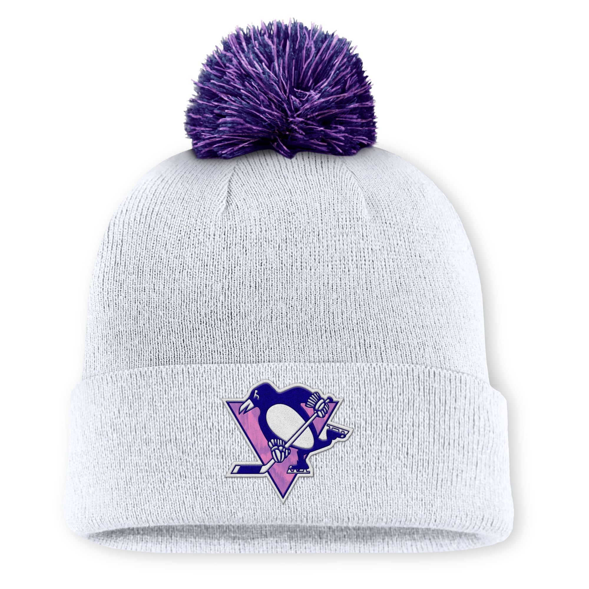 Men's Fanatics  White Pittsburgh Penguins Authentic Pro Hockey Fights Cancer Cuffed Knit Hat with Pom