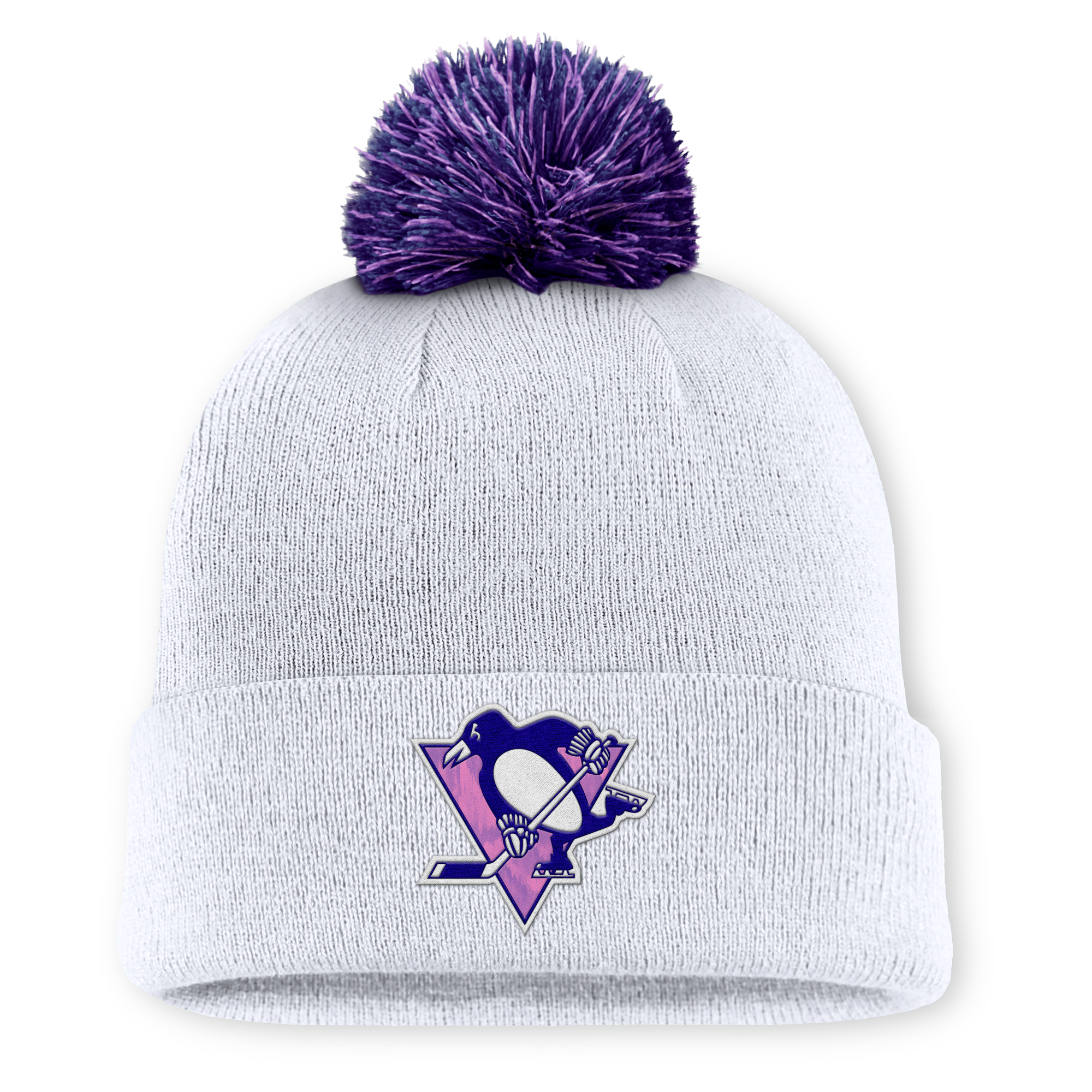 Men’s Fanatics White Pittsburgh Penguins Authentic Pro Hockey Fights Cancer Cuffed Knit Hat with Pom Men’s Fanatics White Pittsburgh Penguins Authentic Pro Hockey Fights Cancer Cuffed Knit Hat with Pom