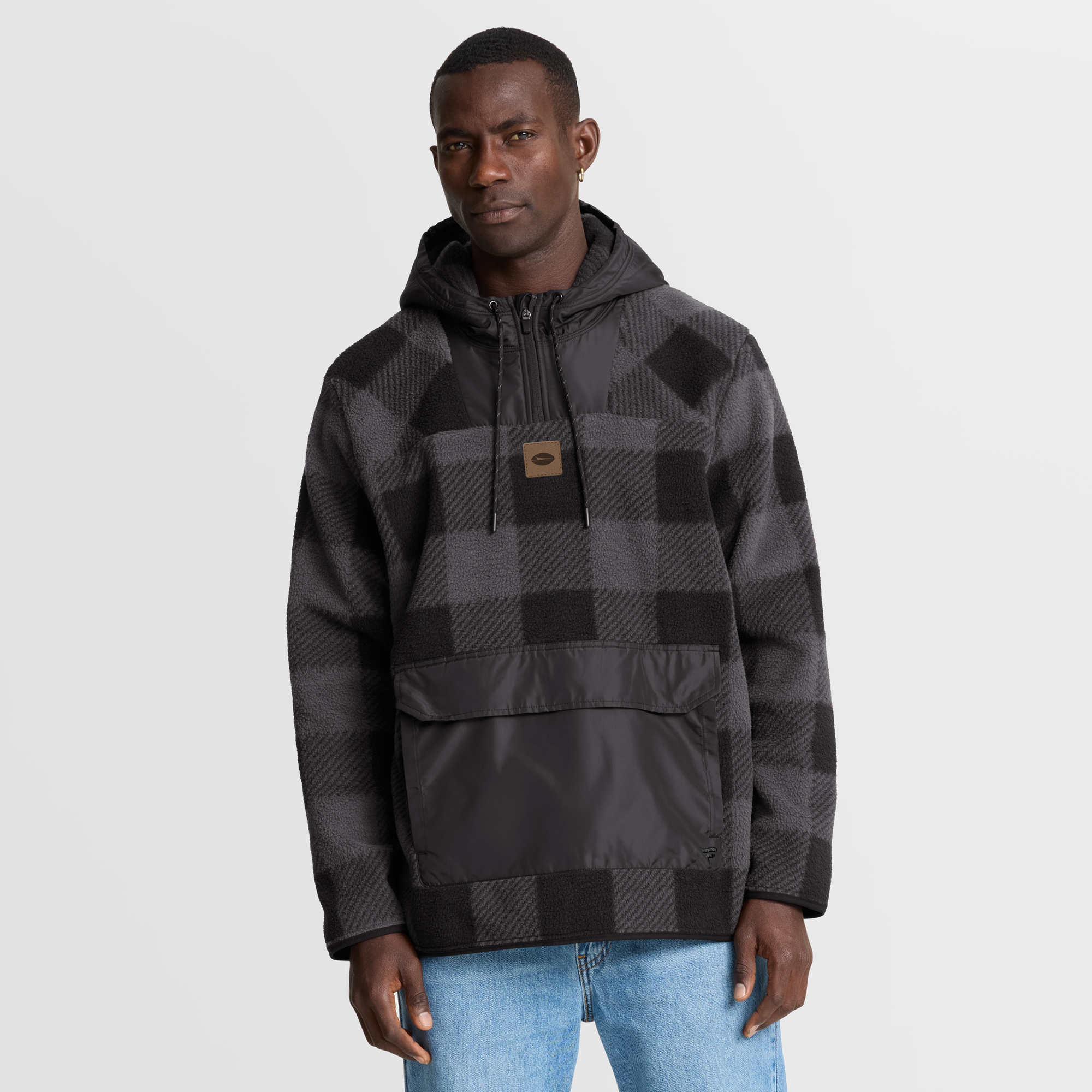 Men's Fanatics Black New York Jets Oversized Elements Plaid Polar Fleece Quarter-Zip Hoodie