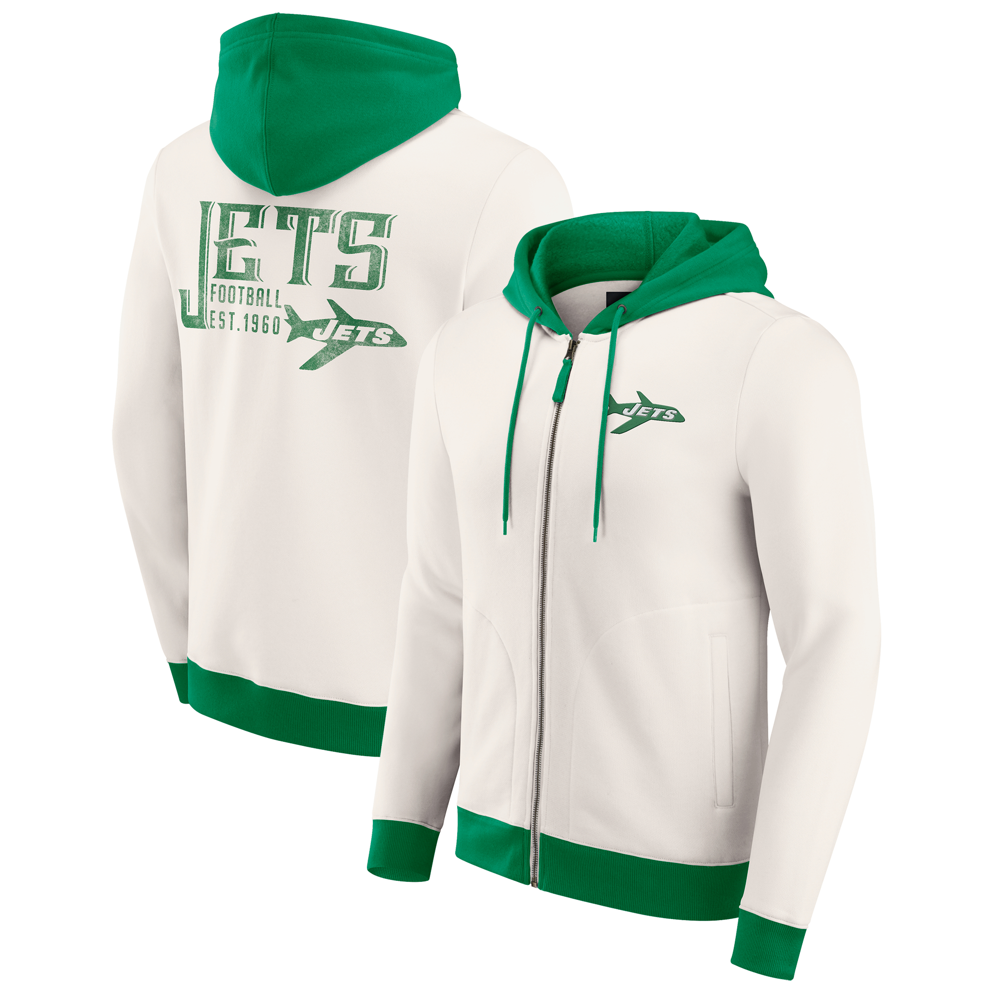 Men's Darius Rucker Collection by Fanatics Cream New York Jets Distressed Graphics Full-Zip Hoodie