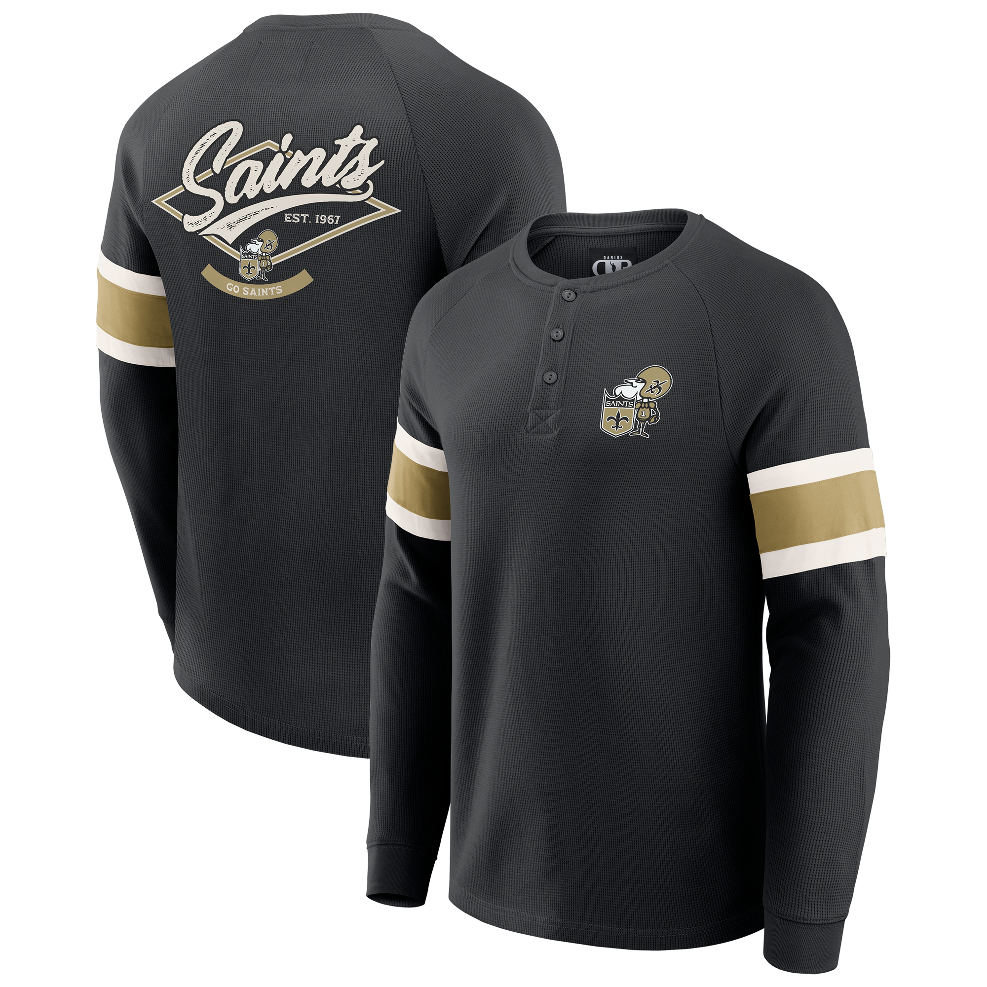 Men's Darius Rucker Collection by Fanatics Black New Orleans Saints Waffle-Knit Raglan Long Sleeve Henley T-Shirt