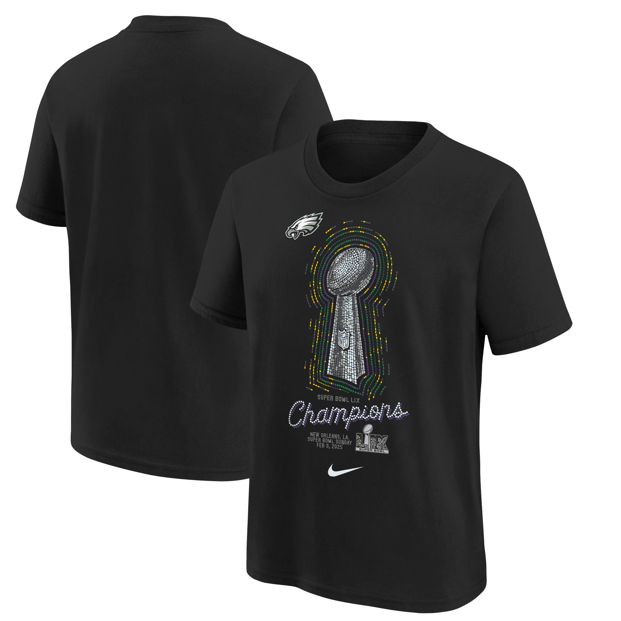 Youth Nike Black Philadelphia Eagles Super Bowl LIX Champions Lombardi Trophy T-Shirt