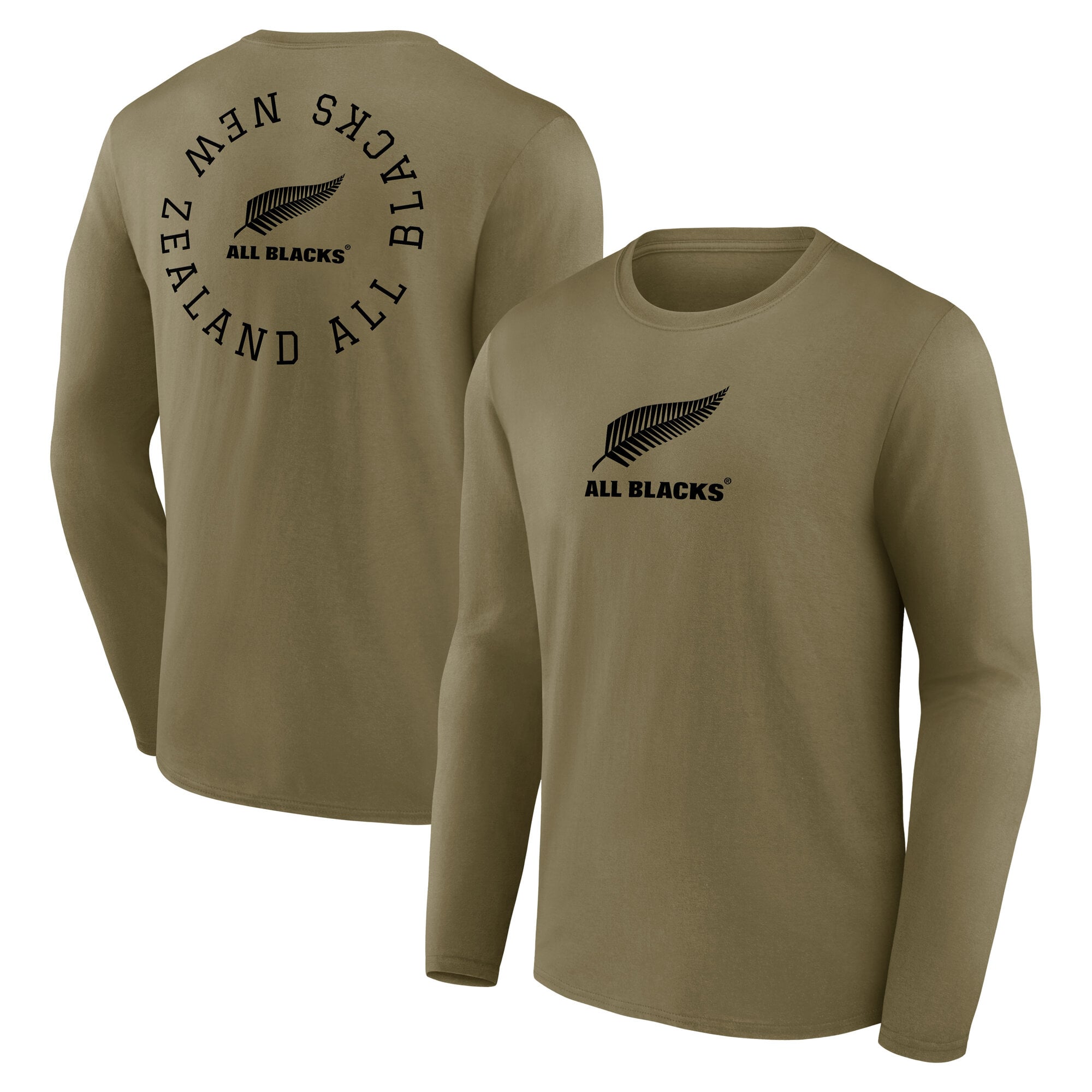 T-shirt a maniche lunghe con grafica All Blacks Loop Logo anteriore e posteriore - Cachi