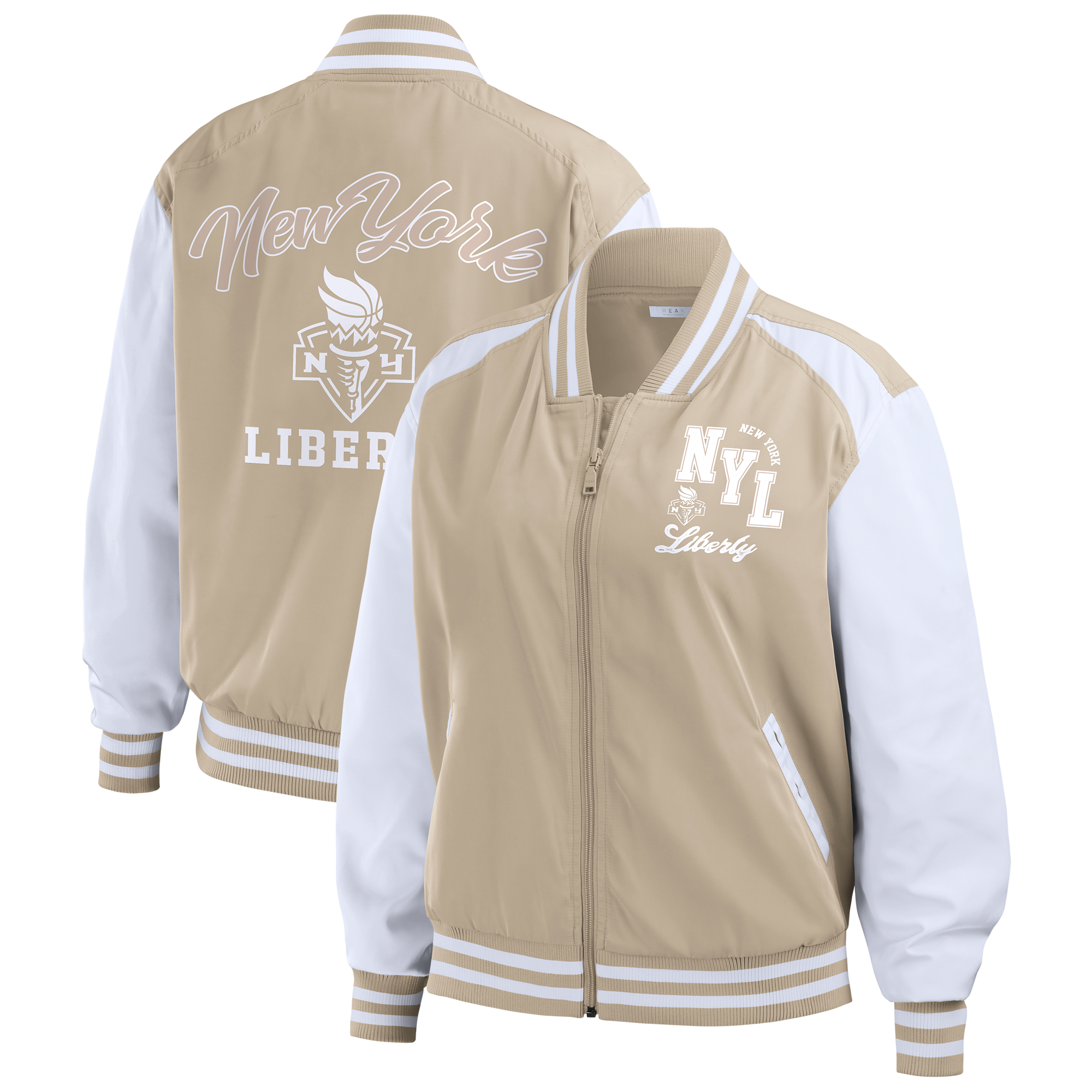 Women’s WEAR by Erin Andrews Tan New York Liberty Tonal Full-Zip Bomber Jacket Women’s WEAR by Erin Andrews Tan New York Liberty Tonal Full-Zip Bomber Jacket
