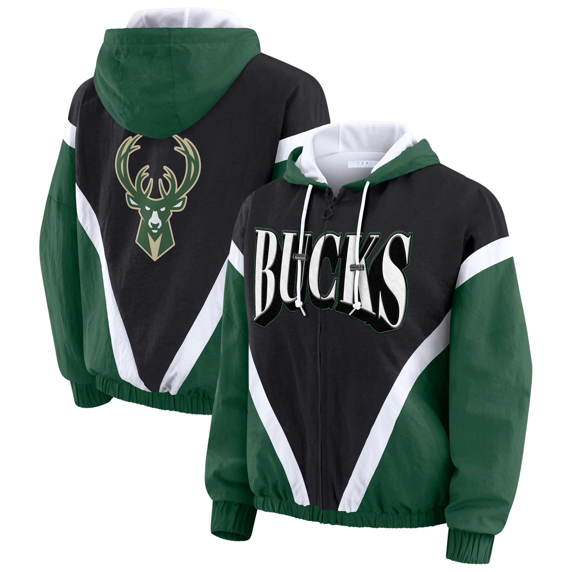 Women's WEAR by Erin Andrews  Black/Hunter Green Milwaukee Bucks Colorblock Full-Zip Hoodie Windbreaker Jacket