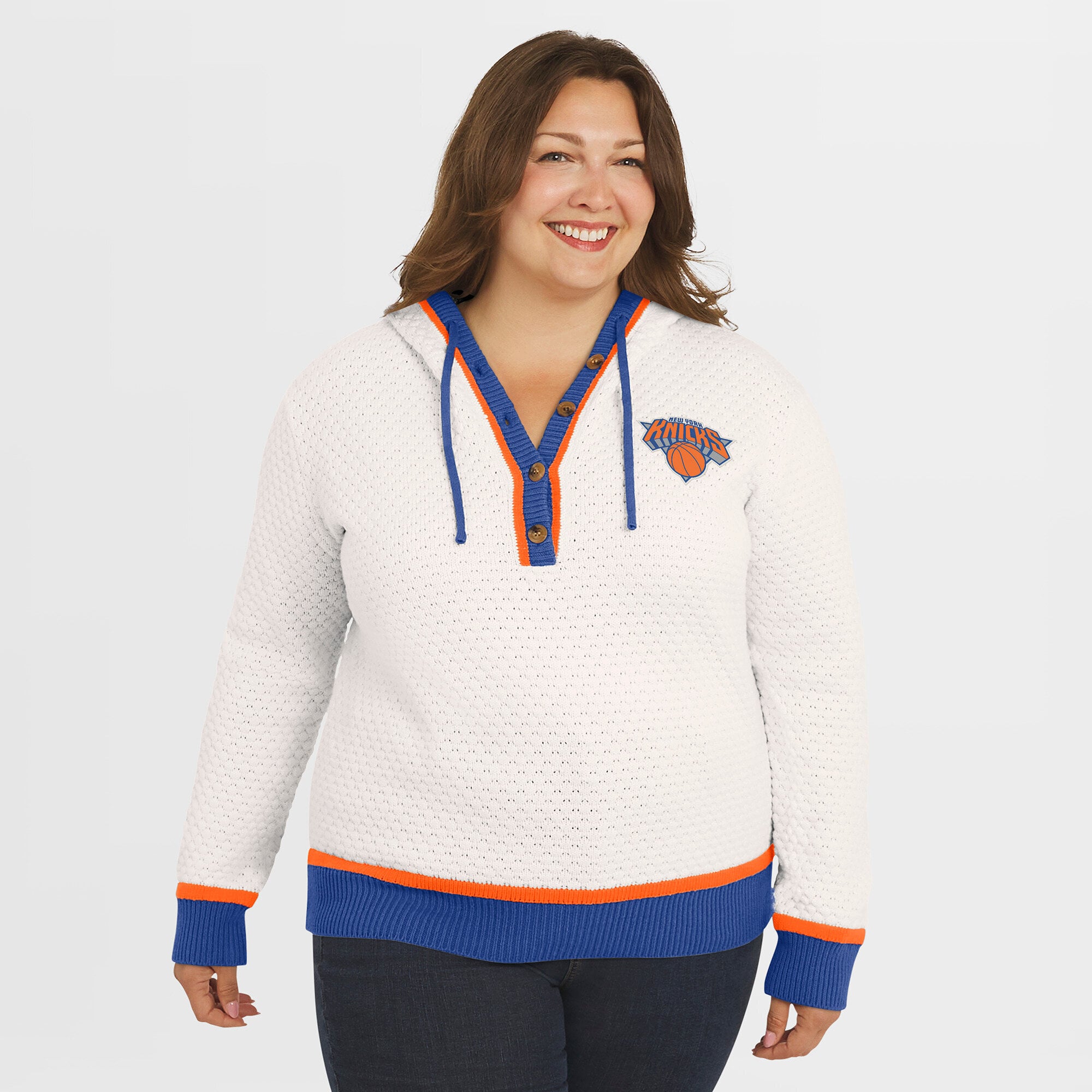Women's WEAR by Erin Andrews Cream New York Knicks Plus Size Hoodie Sweater