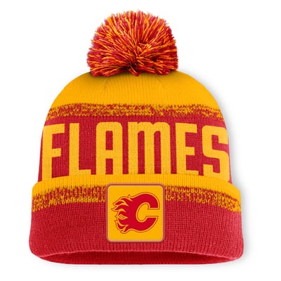 Men's Fanatics Red/Yellow Calgary Flames Thrive Cuffed Knit Hat with Pom