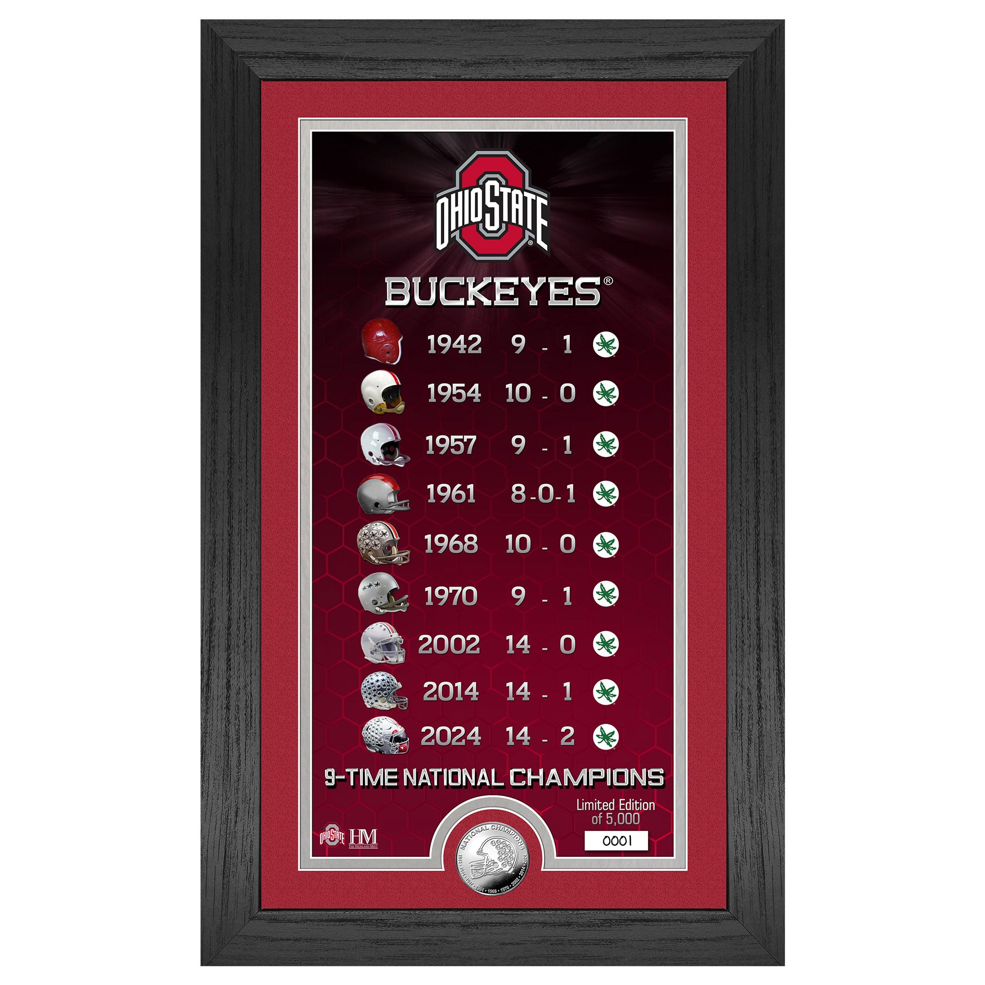 Highland Mint Ohio State Buckeyes Nine-Time Football National Champions 12" x 20" Legacy Silver Minted Coin Panoramic Photo