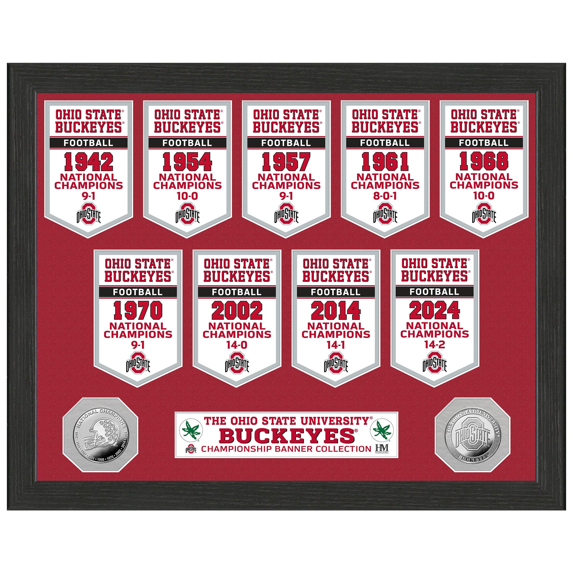 Highland Mint Ohio State Buckeyes Nine-Time Football National Champions 12'' x 15'' Banner Silver Coin Photo Mint