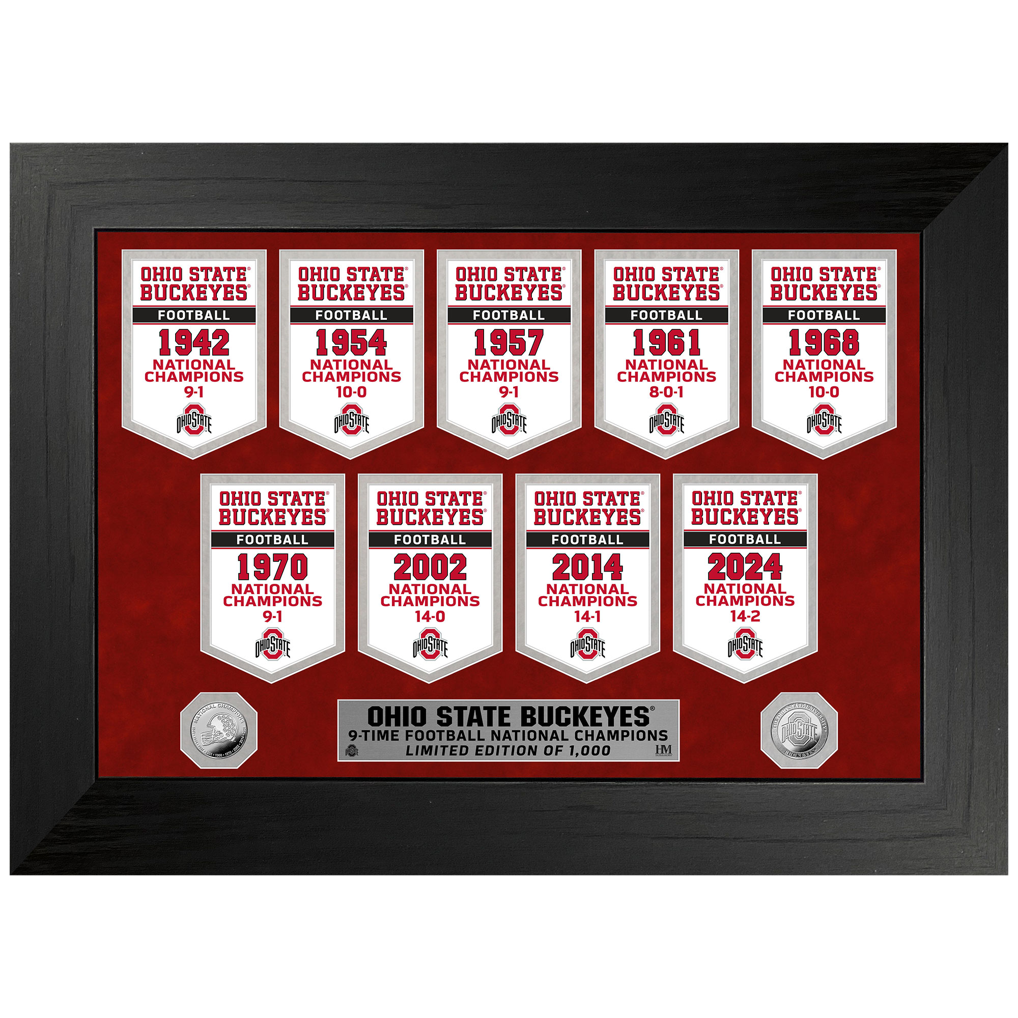 Highland Mint Ohio State Buckeyes Nine-Time Football National Champions 12'' x 15'' Deluxe Banner Silver Coin Photo Mint