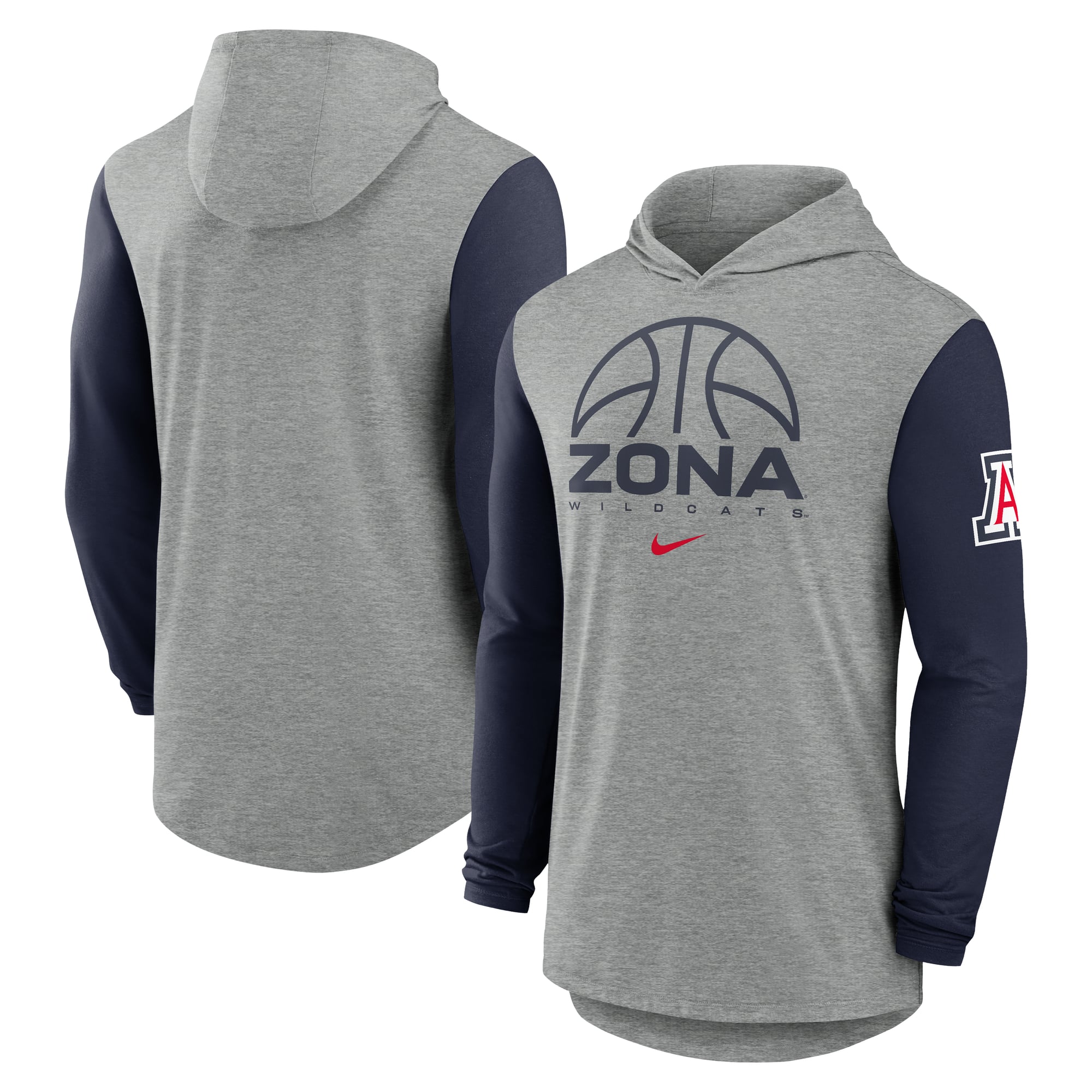 Men's Nike Gray/Navy Arizona Wildcats Basketball Color-Block Tri-Blend Dri-FIT Long Sleeve Hoodie T-Shirt
