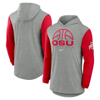 Men's Nike Gray/Scarlet Ohio State Buckeyes Basketball Color-Block Tri-Blend Dri-FIT Long Sleeve Hoodie T-Shirt