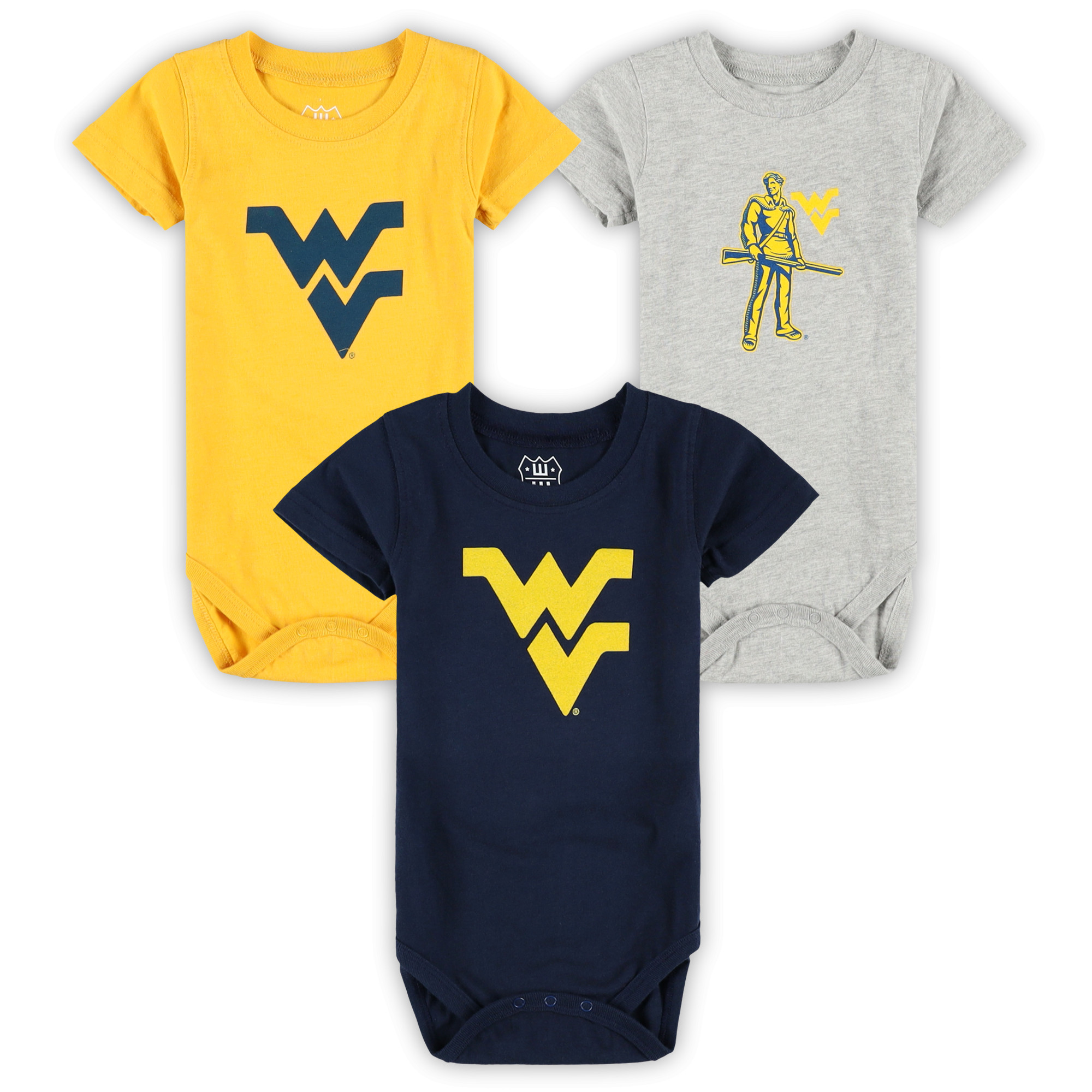 Infant Wes & Willy West Virginia Mountaineers Three-Pack Bodysuit Set Infant Wes & Willy West Virginia Mountaineers Three-Pack Bodysuit Set