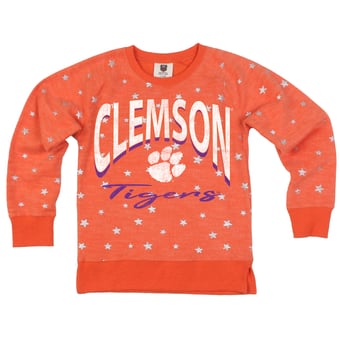 Girls Youth Wes & Willy  Orange Clemson Tigers Shimmer Star Reverse Sweatshirt