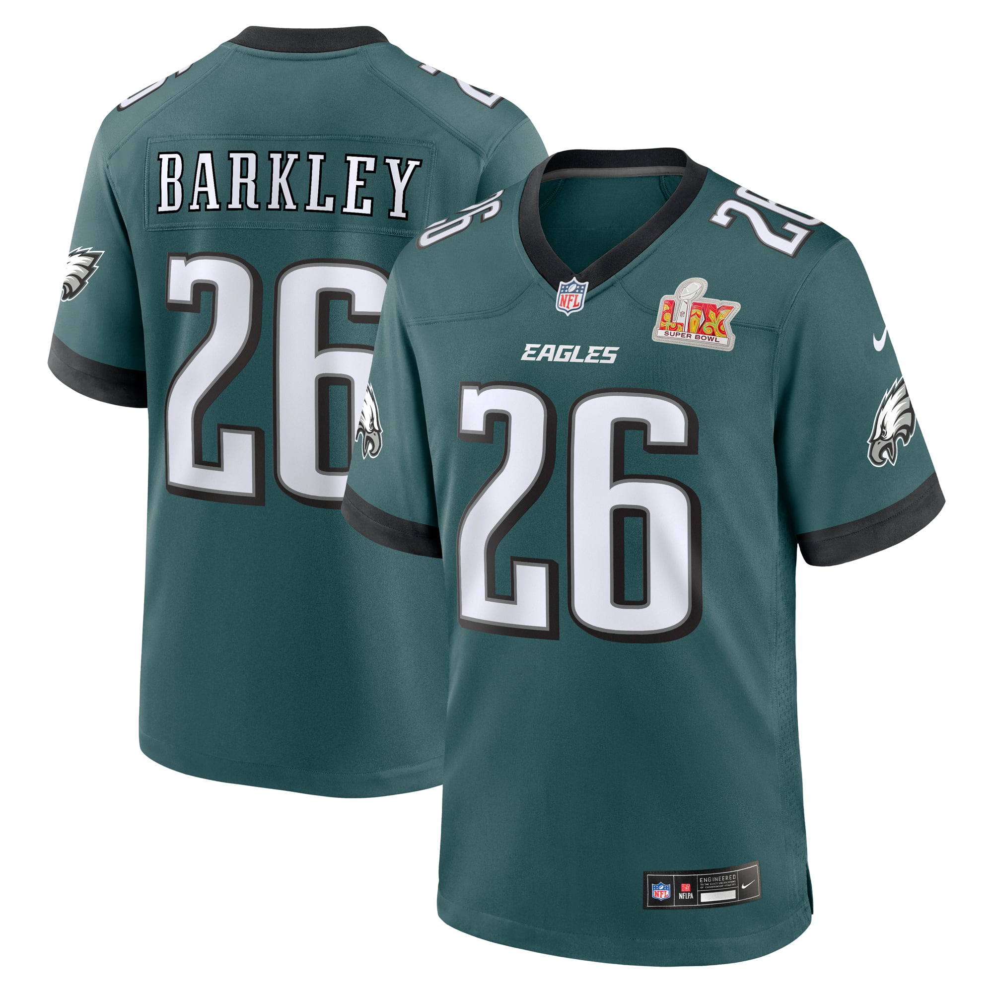 Camiseta Super Bowl LIX Parche Nike Game de la 1ª equipación del Philadelphia Eagles - Saquon Barkley - Hombre
