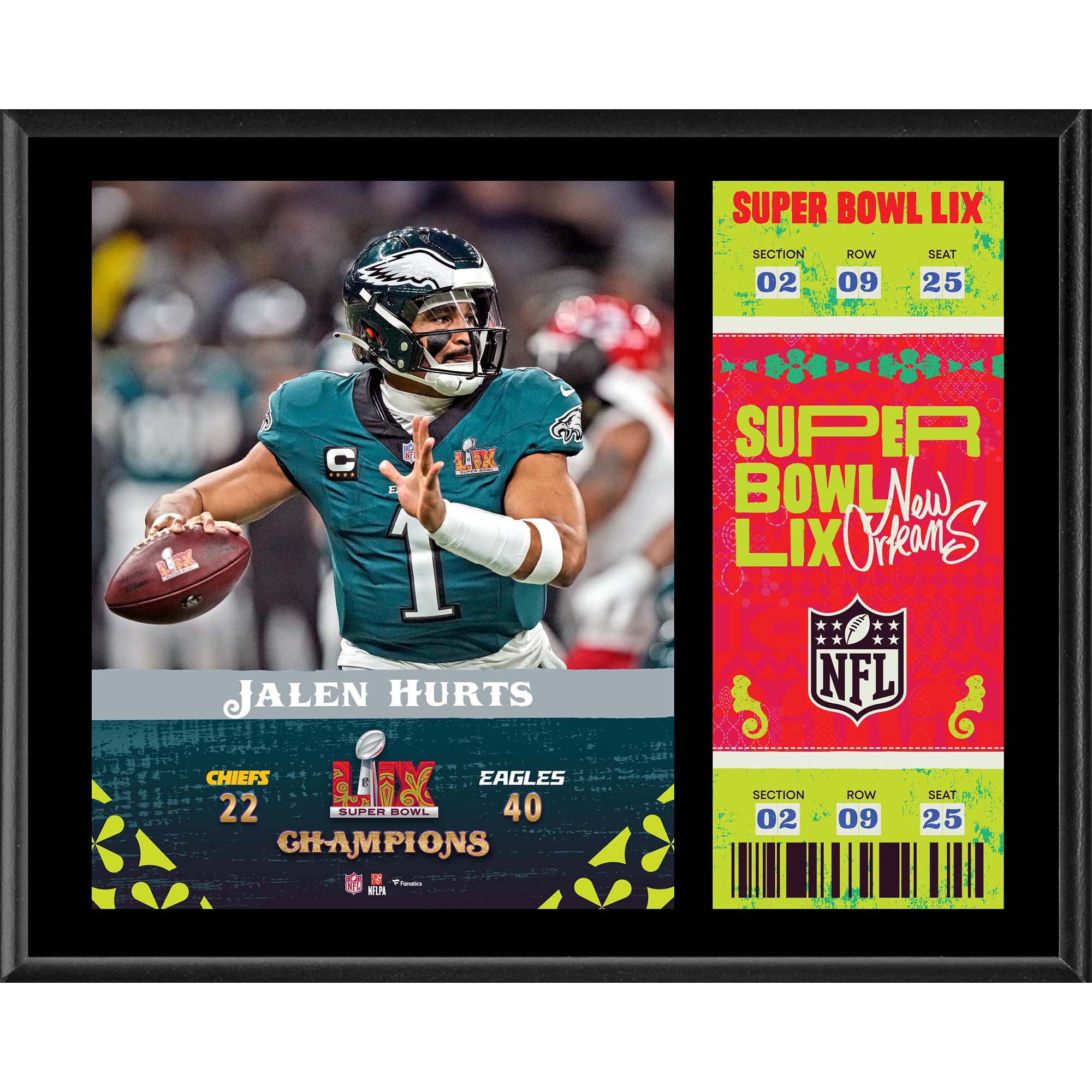 Jalen Hurts Philadelphia Eagles Super Bowl LIX Champions 12'' x 15'' Sublimated Plaque with Replica Ticket