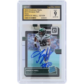 Breece Hall New York Jets Autographed 2022 Panini Donruss Optic Holo #214 CGC Fanatics Witnessed Authenticated 9/10 Rookie Card
