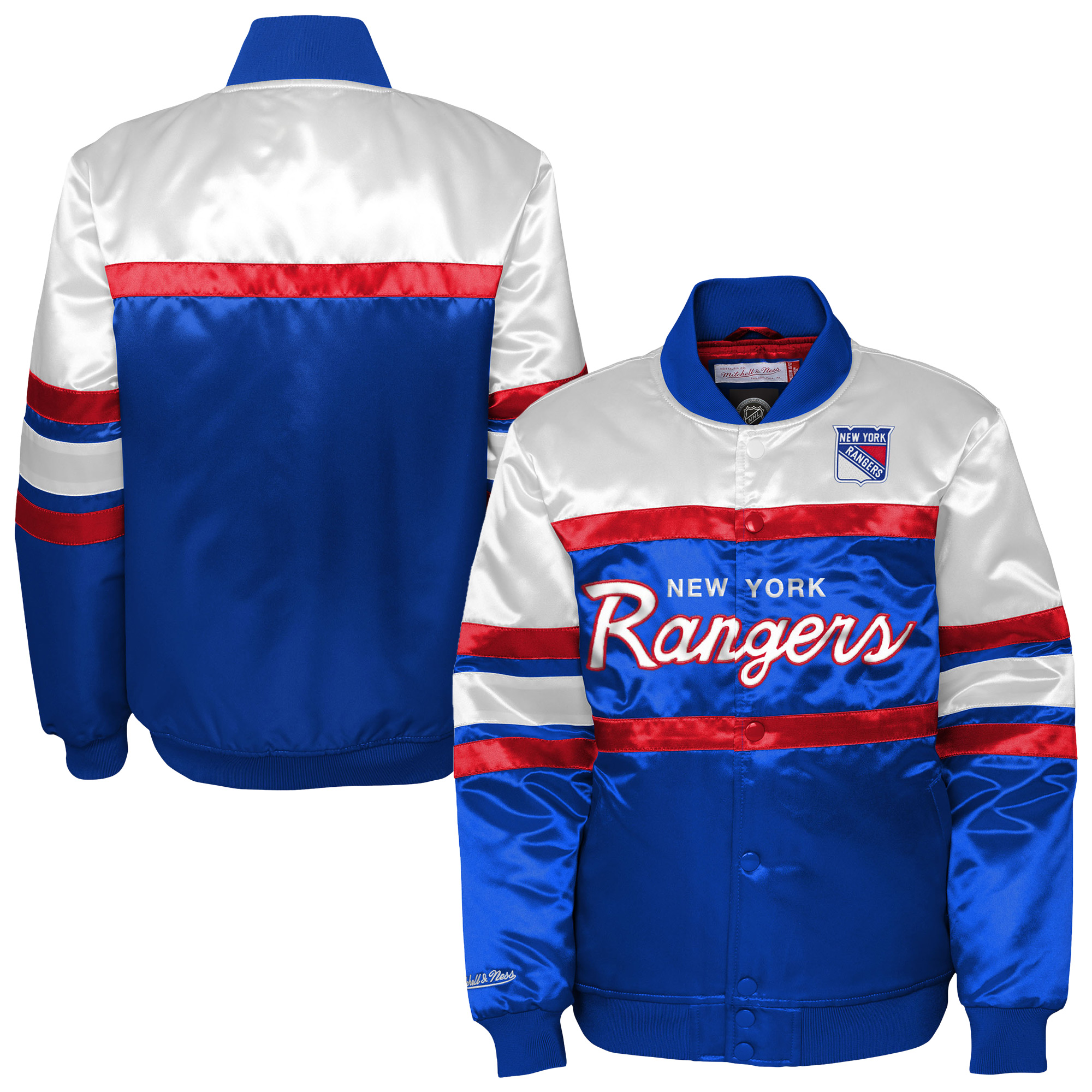Youth Mitchell & Ness Blue New York Rangers Satin Raglan Full-Snap Jacket