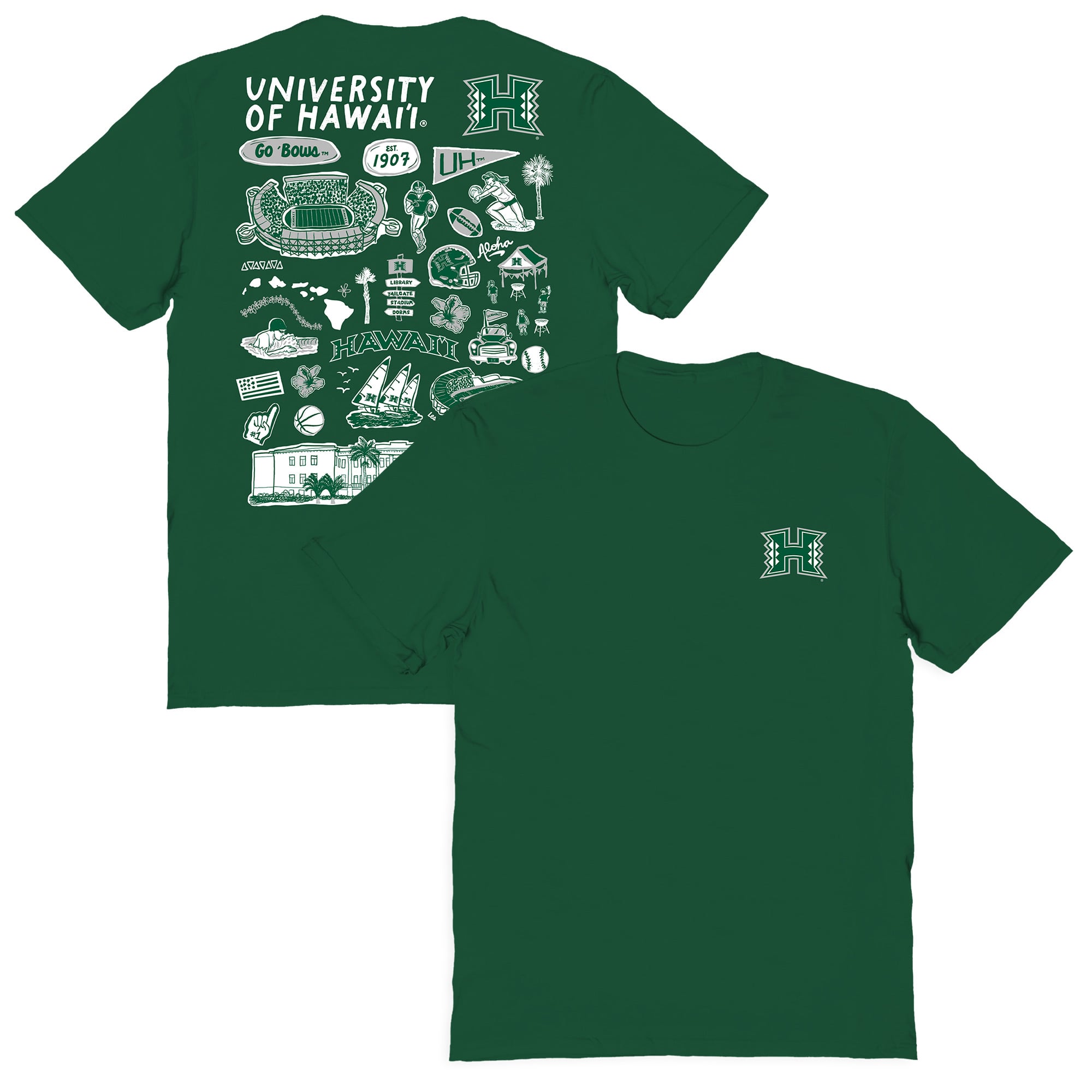 Women's Vive La Fete  Green Hawaii Rainbow Warriors Impressions Artwork Relaxed Fit T-Shirt