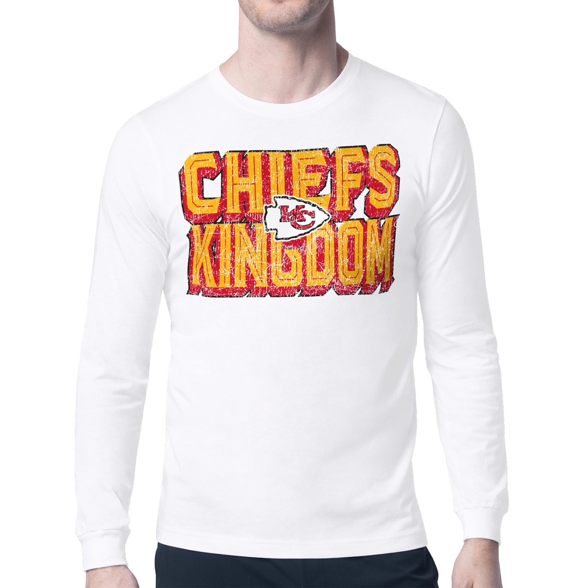 Men's Starter White Kansas City Chiefs Distressed Phrase Long Sleeve T-Shirt