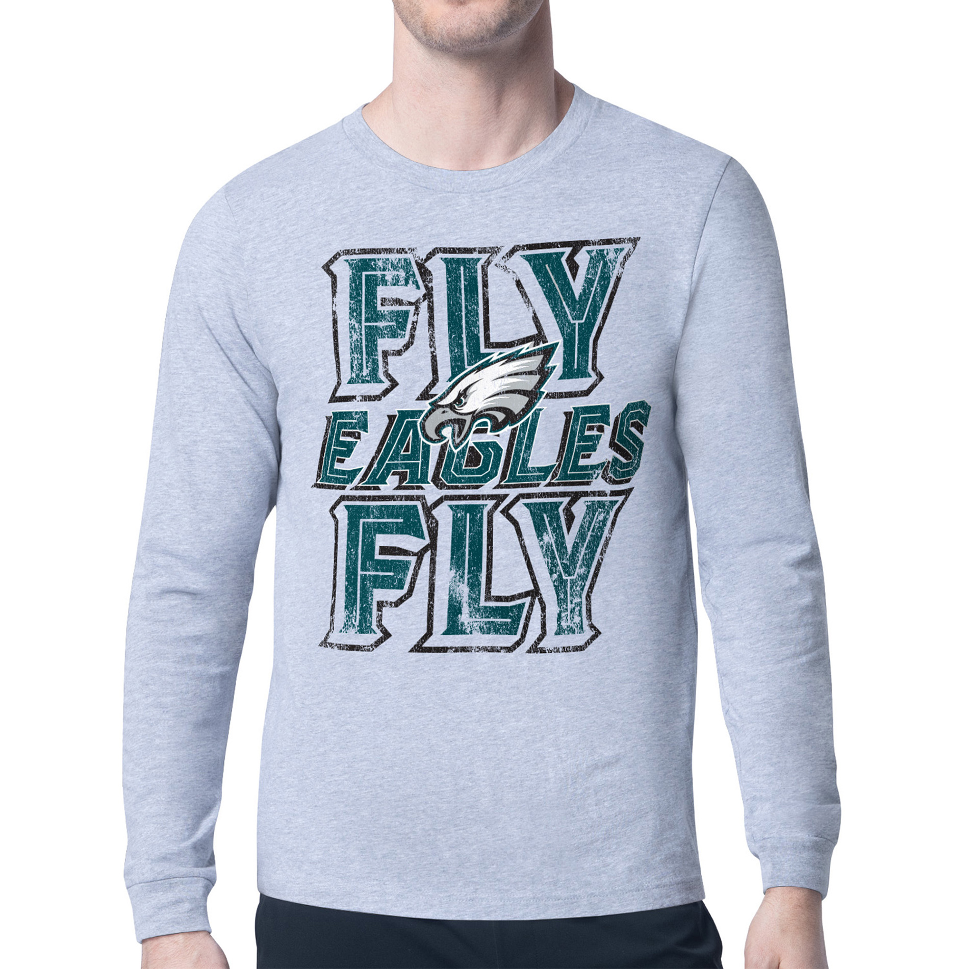 Men's Starter Gray Philadelphia Eagles Distressed Phrase Long Sleeve T-Shirt