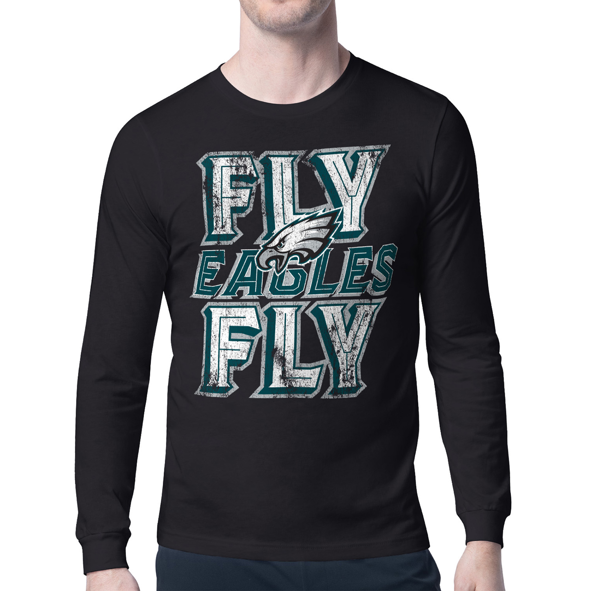 Men's Starter Black Philadelphia Eagles Distressed Phrase Long Sleeve T-Shirt