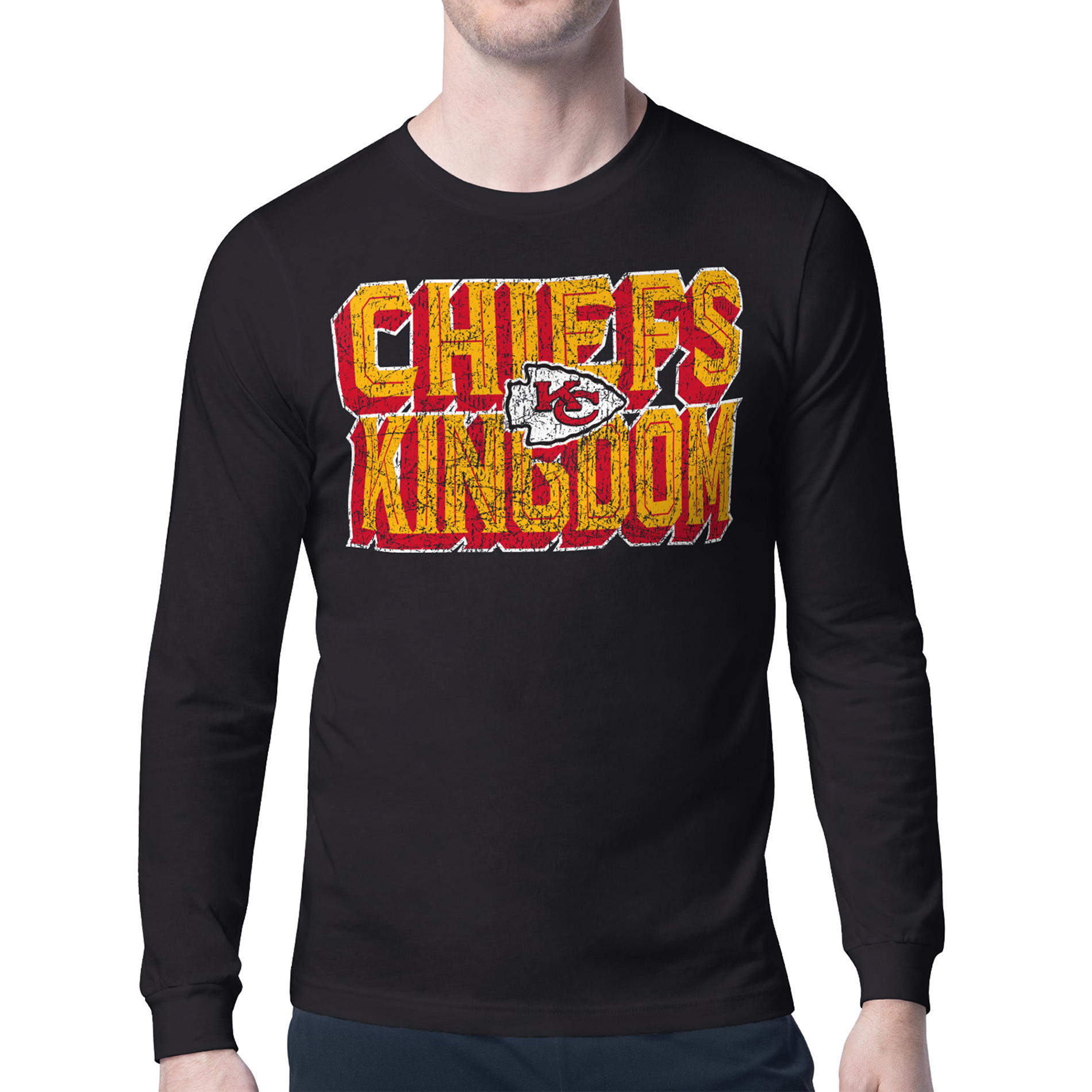 Men's Starter Black Kansas City Chiefs Distressed Phrase Long Sleeve T-Shirt