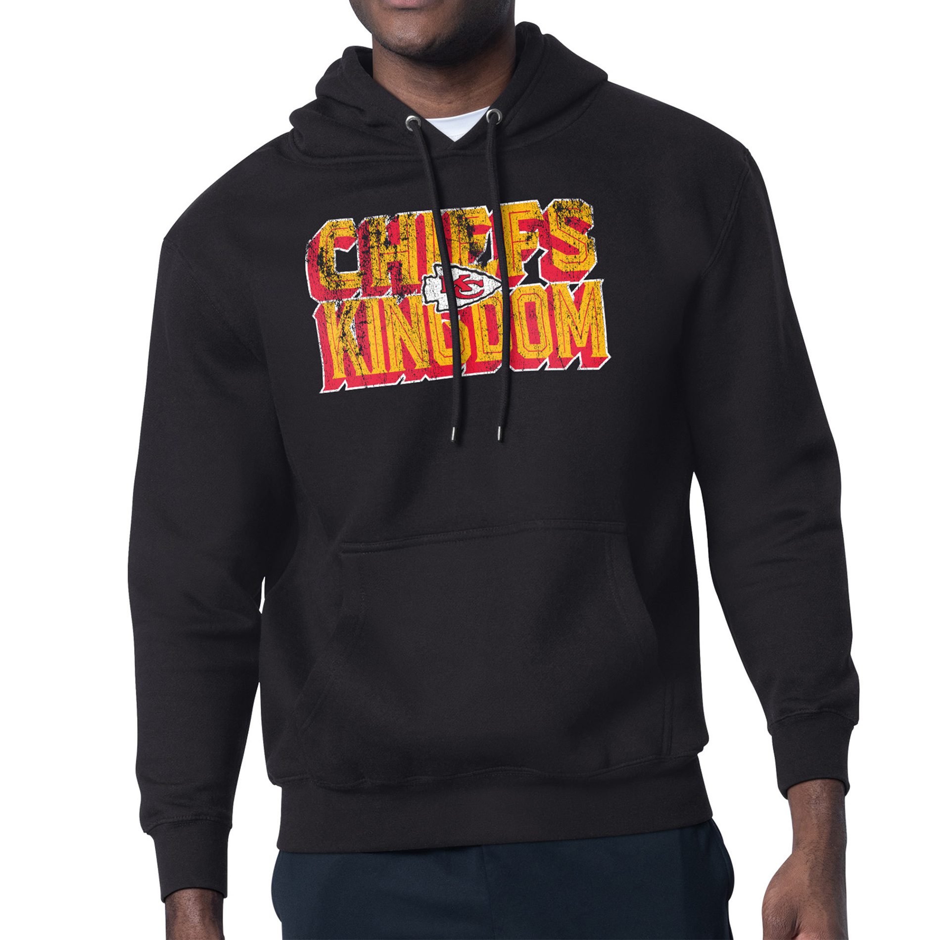 Men's Starter Black Kansas City Chiefs Distressed Fleece Pullover Hoodie