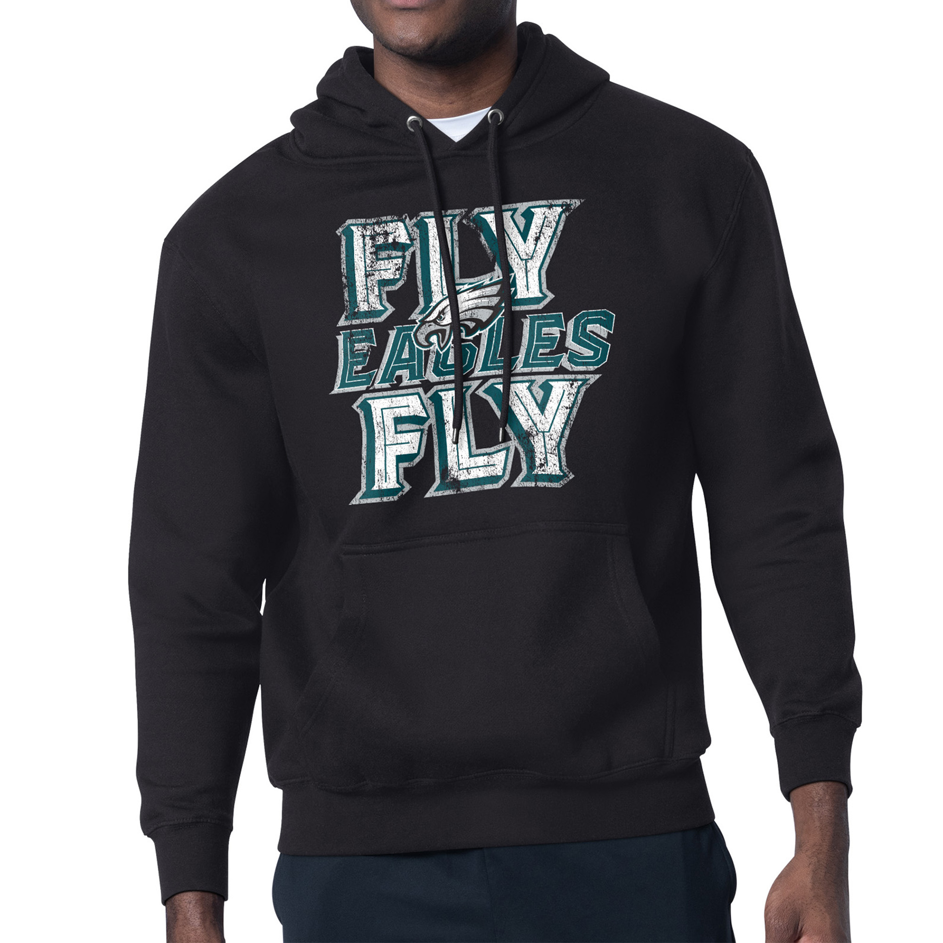 Men's Starter Black Philadelphia Eagles Distressed Fleece Pullover Hoodie