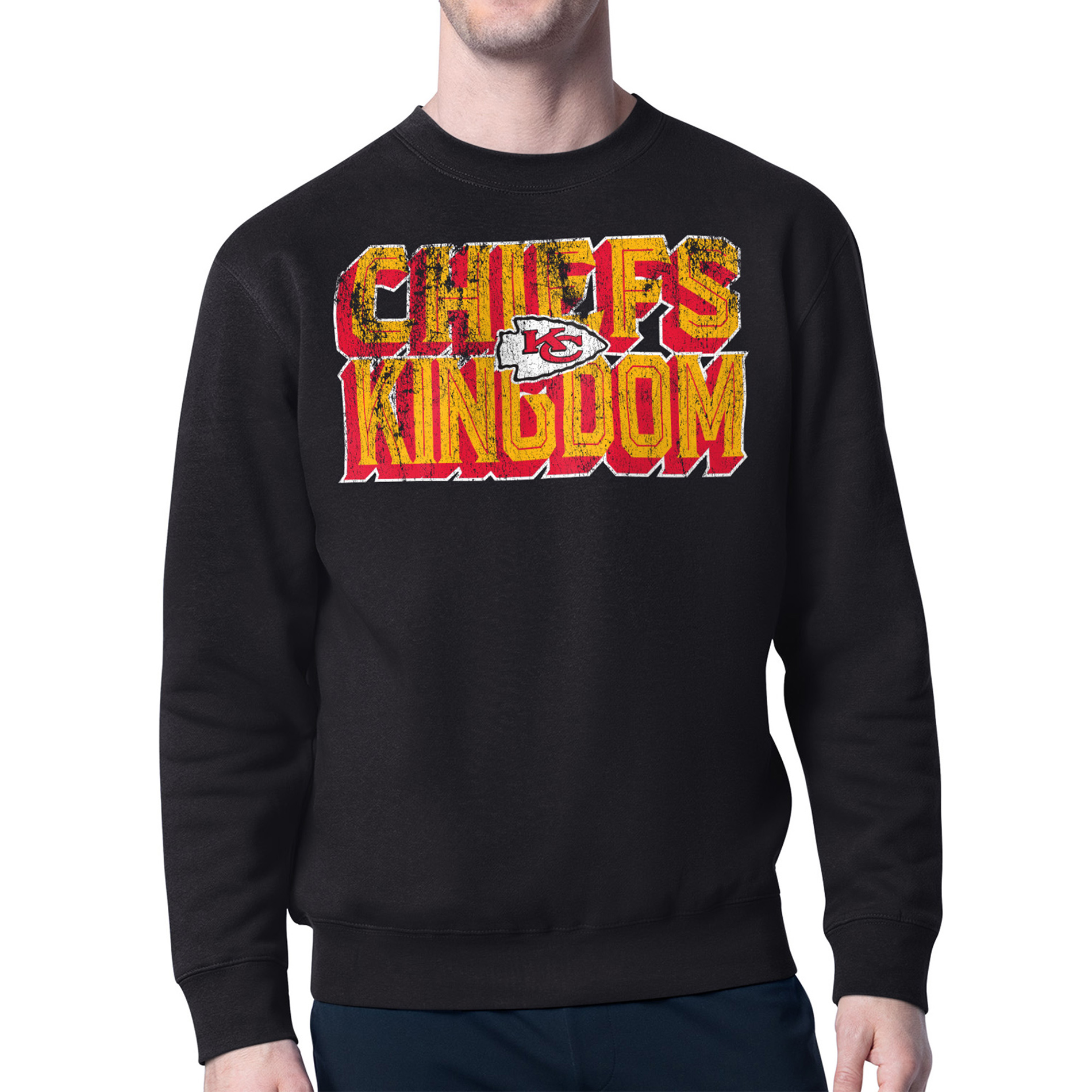 Men's Starter Black Kansas City Chiefs Distressed Team Phrase Fleece Pullover Sweatshirt
