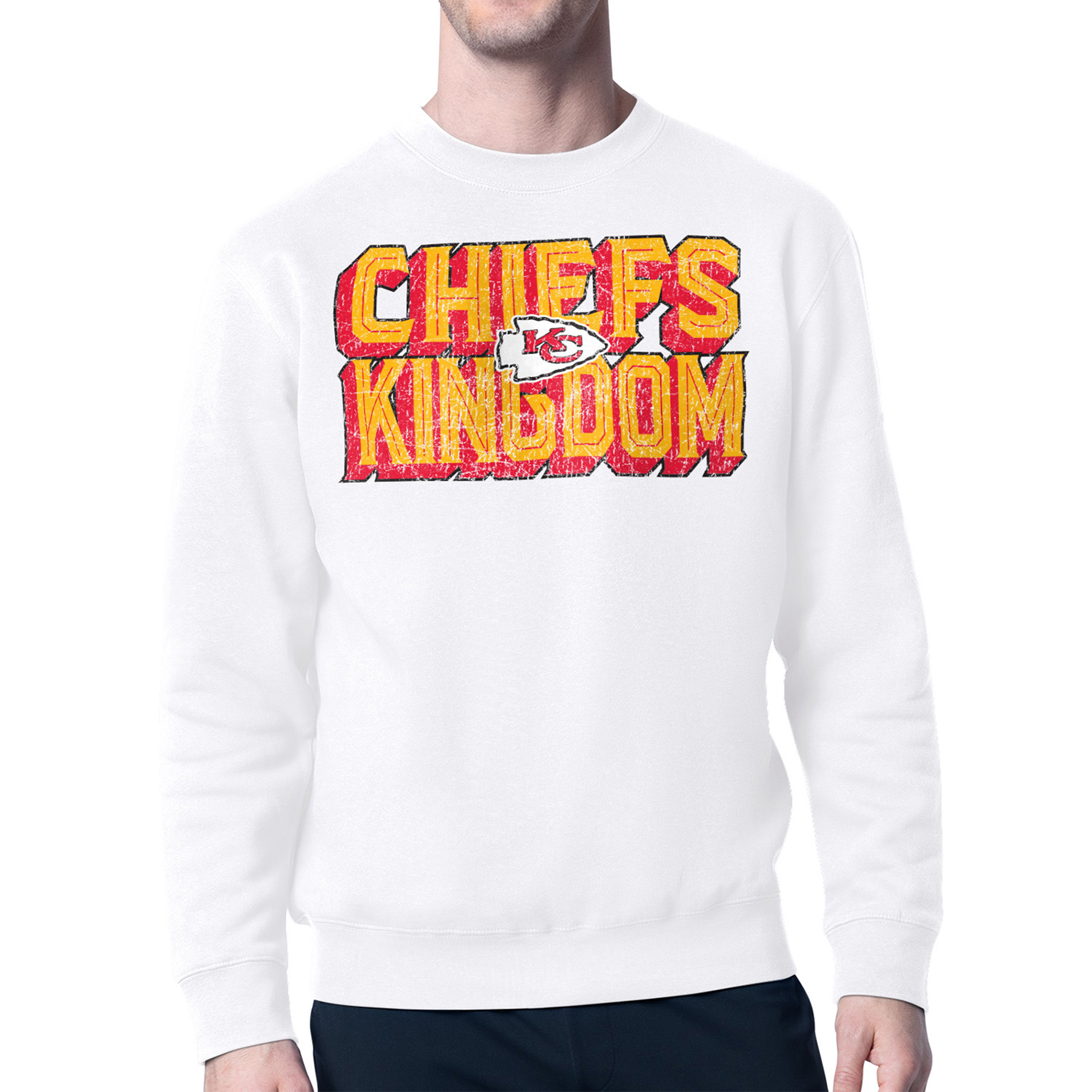 Men's Starter White Kansas City Chiefs Distressed Team Phrase Fleece Pullover Sweatshirt