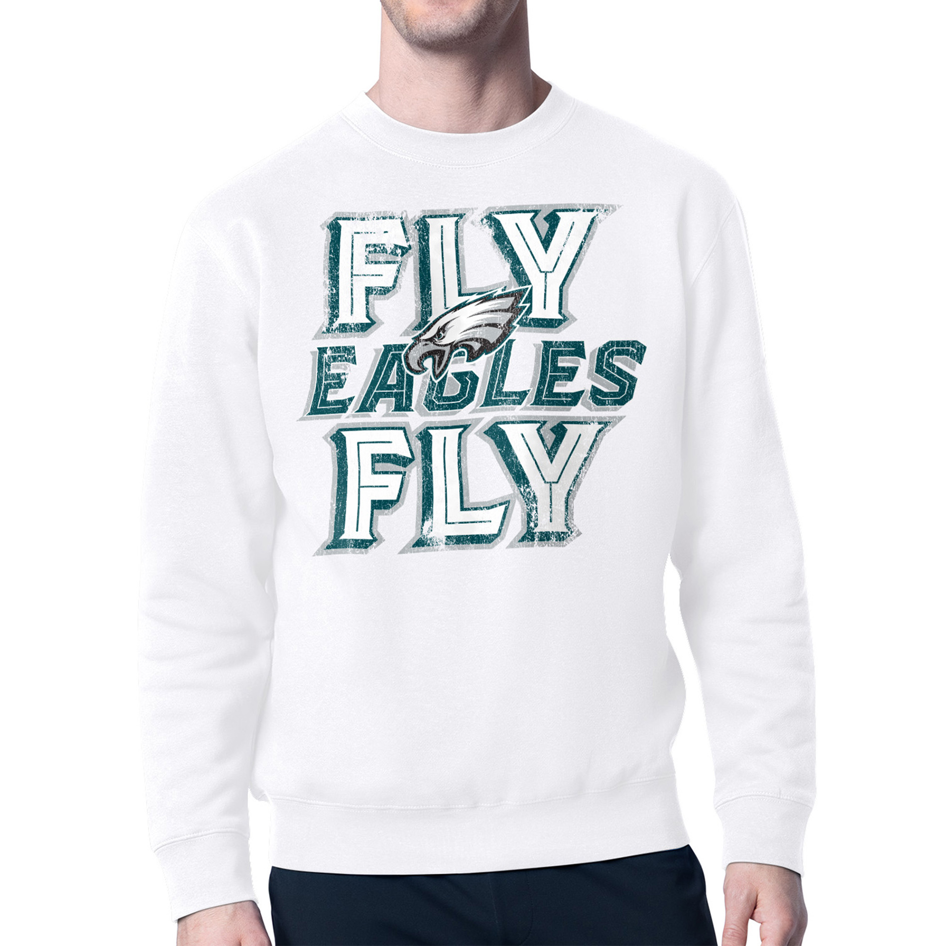 Men's Starter White Philadelphia Eagles Distressed Team Phrase Fleece Pullover Sweatshirt
