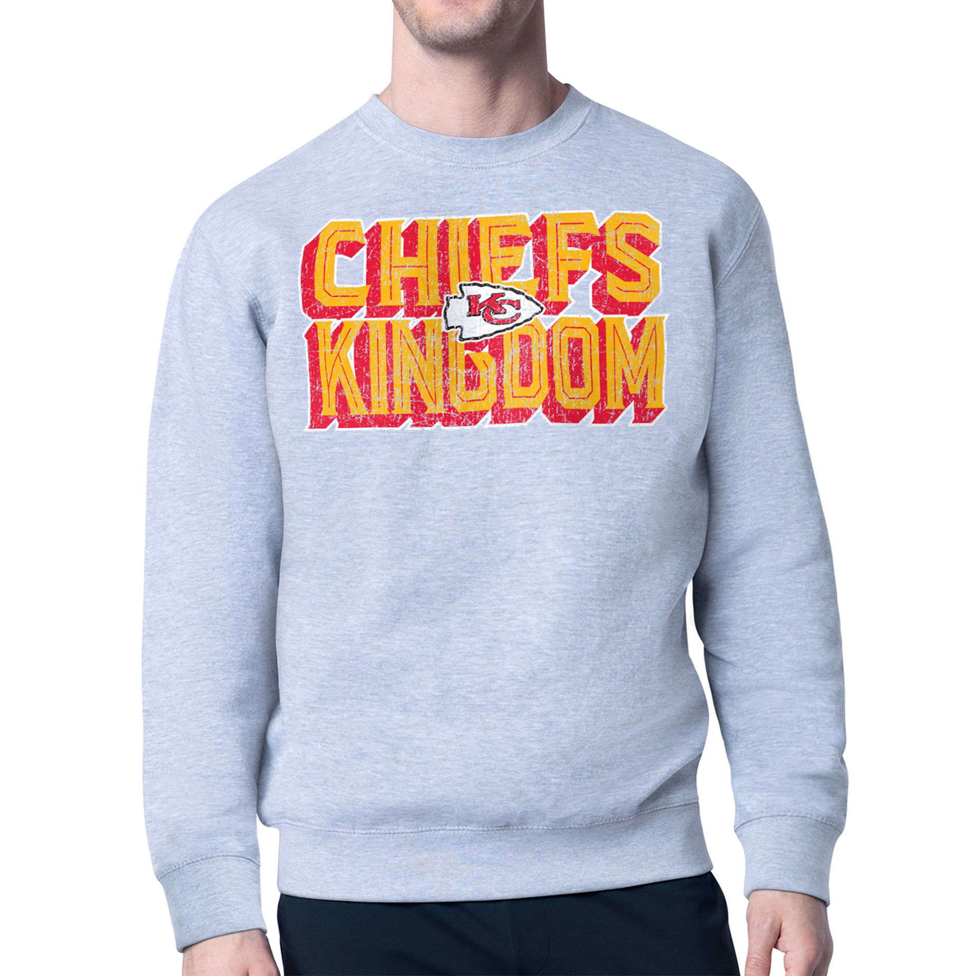 Men's Starter Gray Kansas City Chiefs Distressed Team Phrase Fleece Pullover Sweatshirt