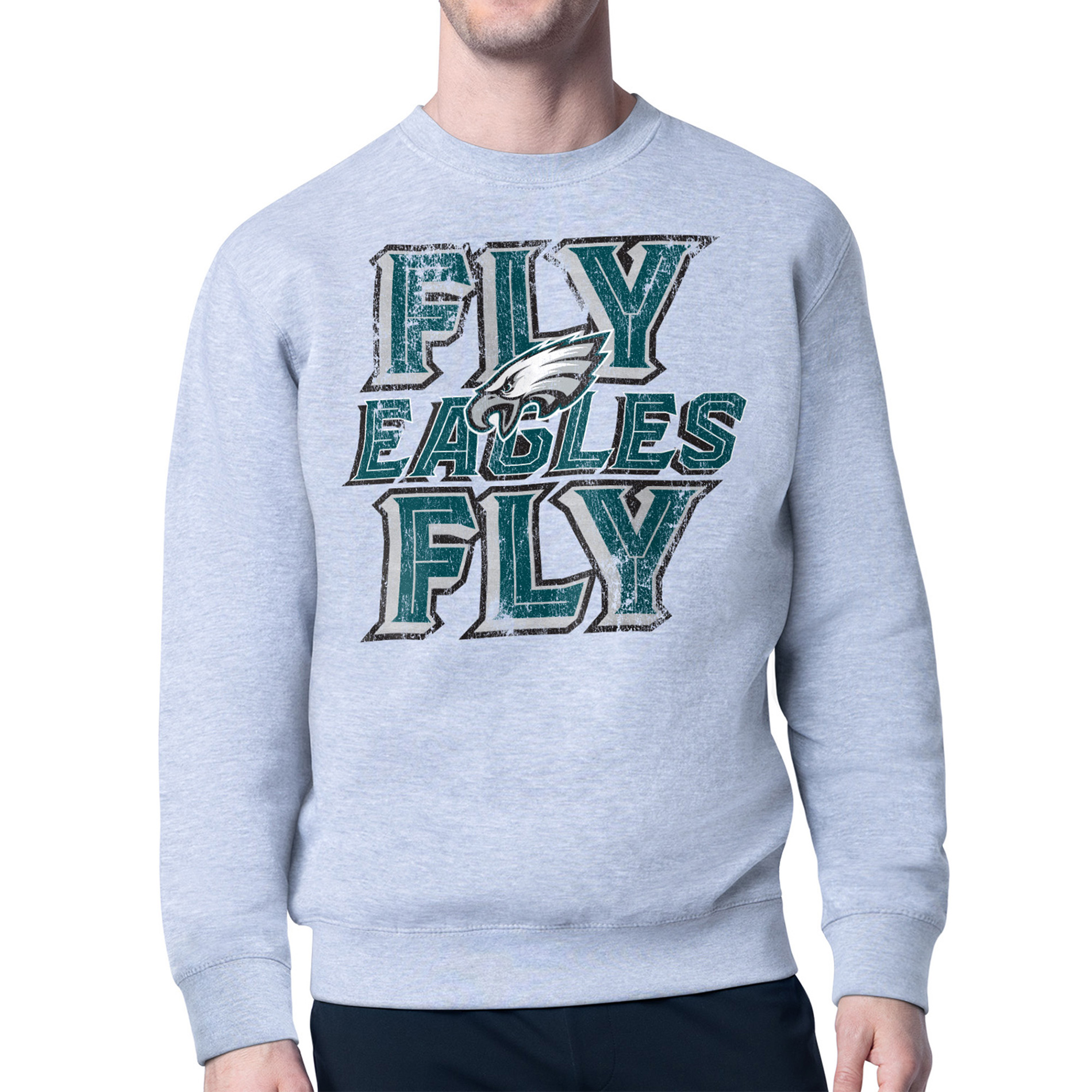 Men's Starter Gray Philadelphia Eagles Distressed Team Phrase Fleece Pullover Sweatshirt