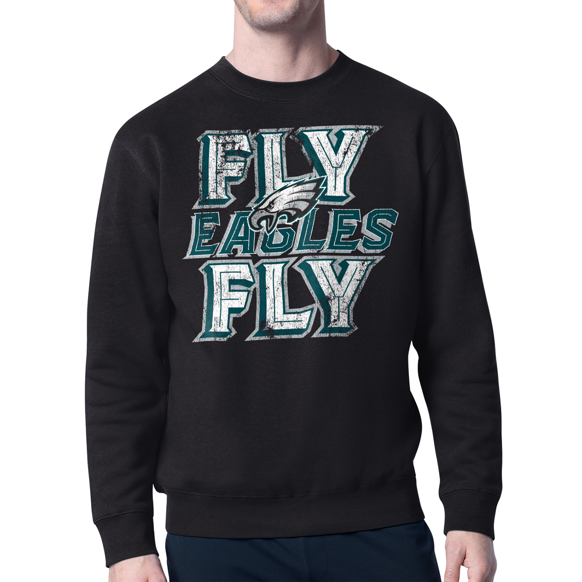 Men's Starter Black Philadelphia Eagles Distressed Team Phrase Fleece Pullover Sweatshirt