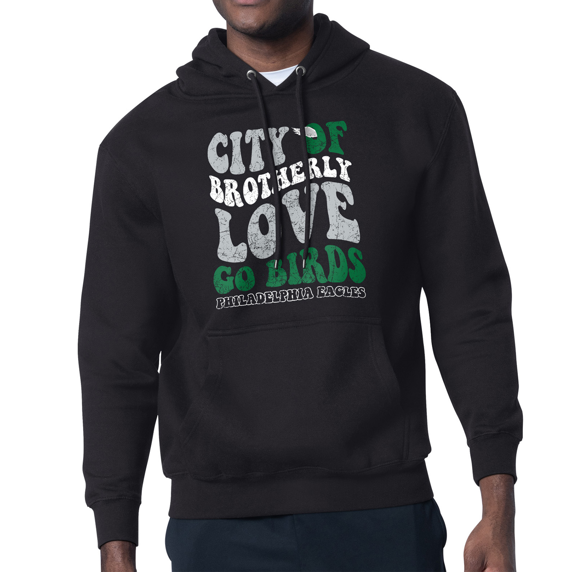 Men's Starter Black Philadelphia Eagles Distressed Retro City of Brotherly Love Fleece Pullover Hoodie