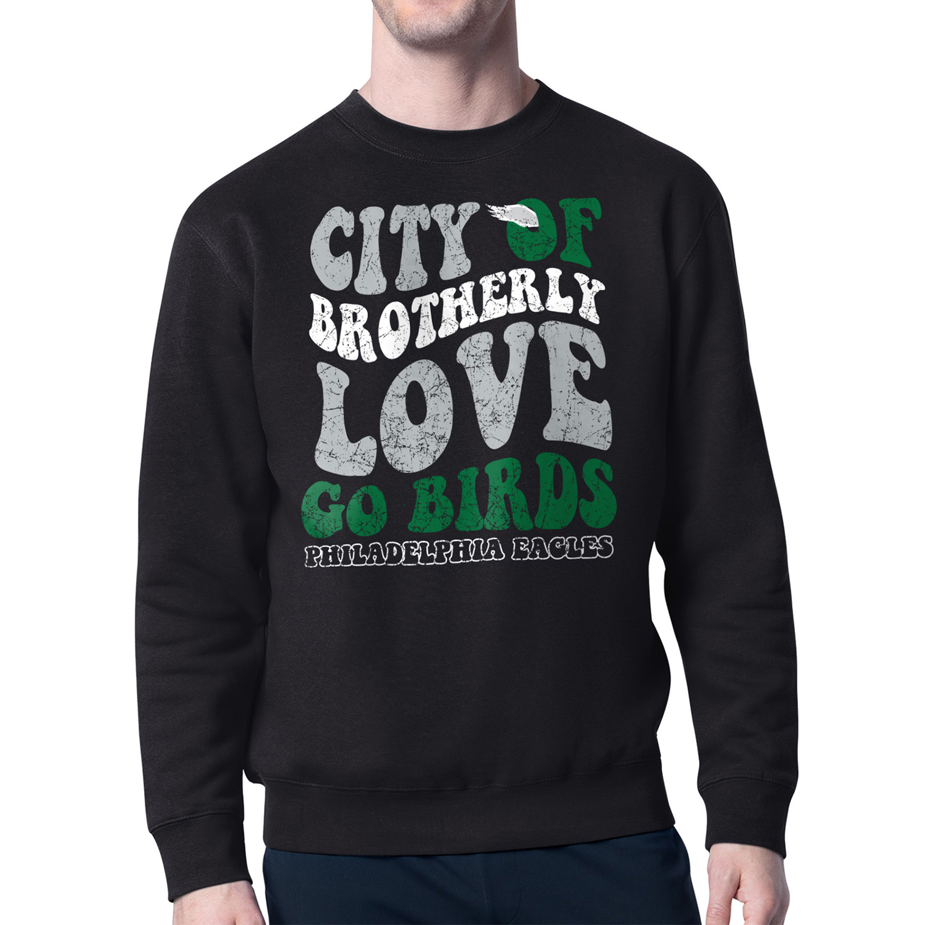 Men's Starter Black Philadelphia Eagles Distressed Retro City of Brotherly Love Pullover Sweatshirt