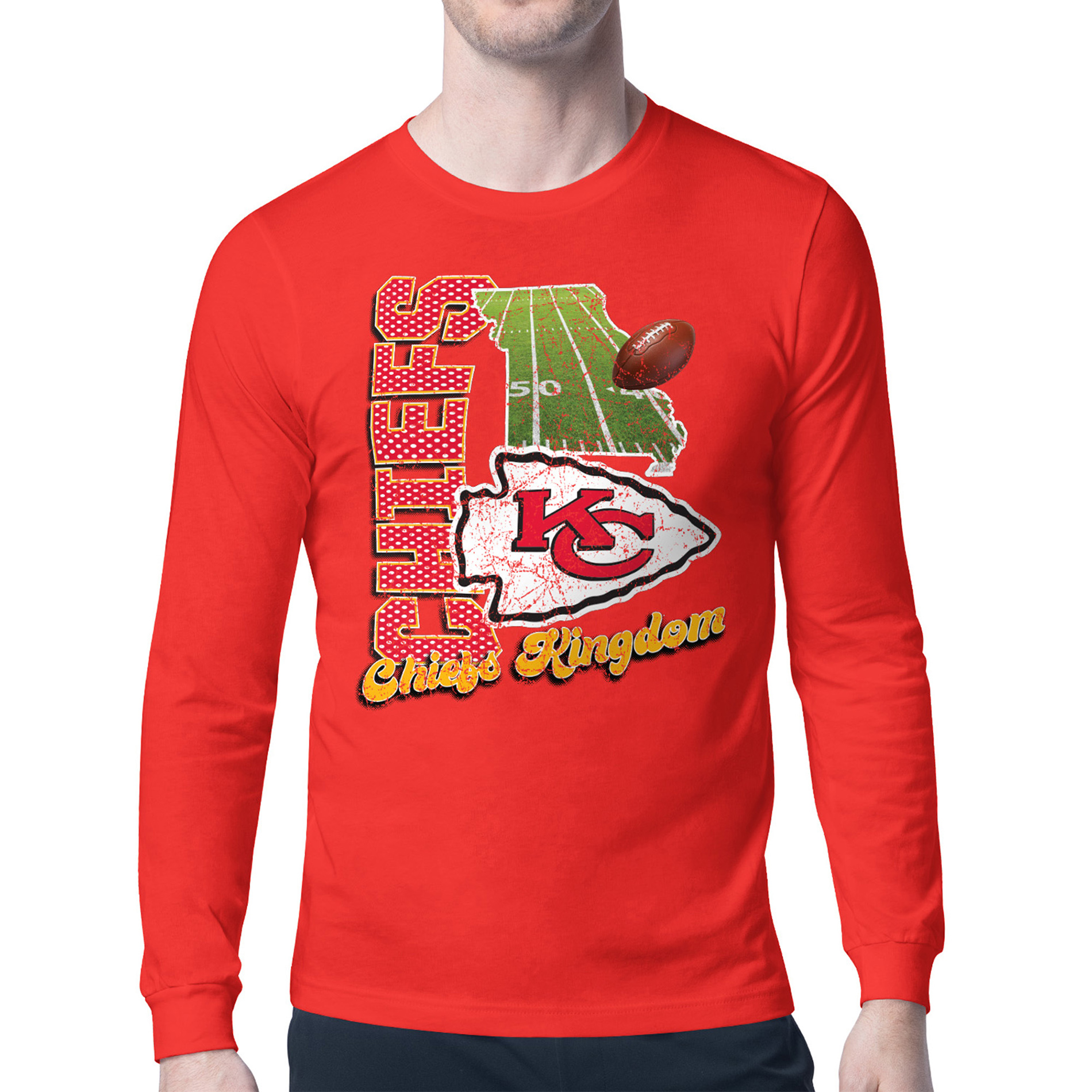 Men's Starter Red Kansas City Chiefs Distressed Retro State Field Long Sleeve T-Shirt