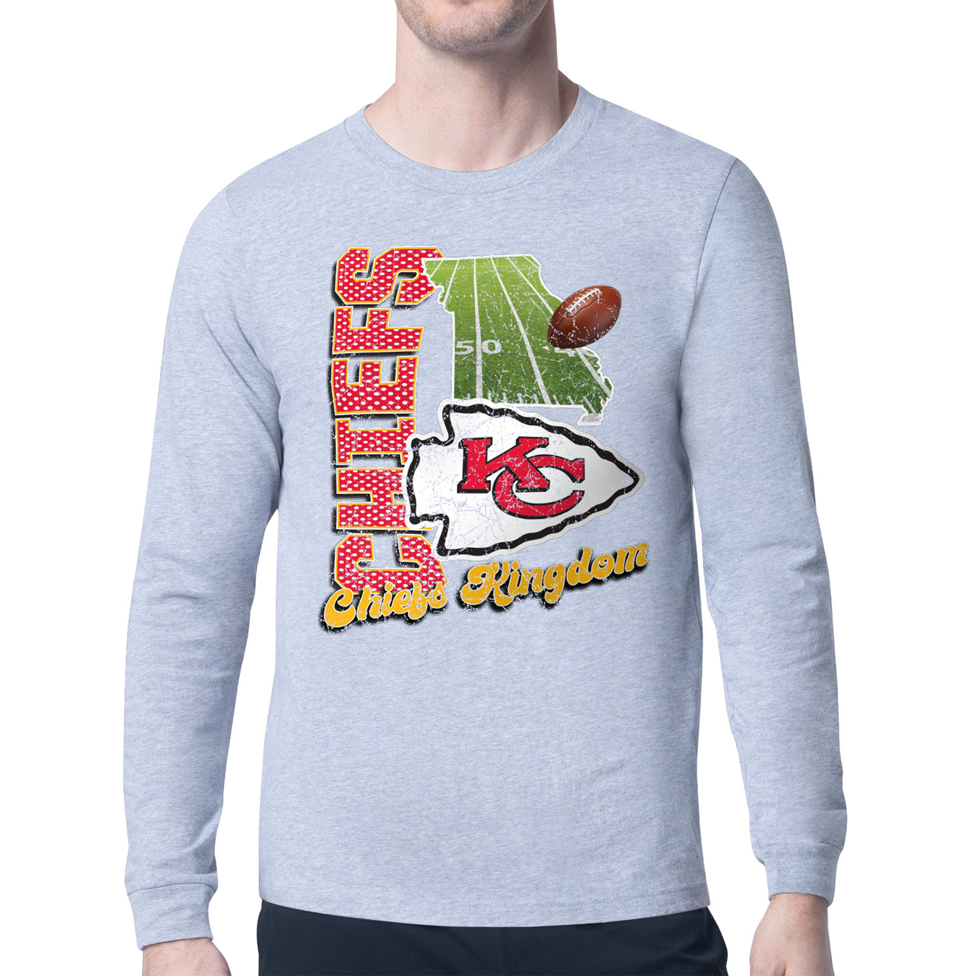 Men's Starter Gray Kansas City Chiefs Distressed Retro State Field Long Sleeve T-Shirt