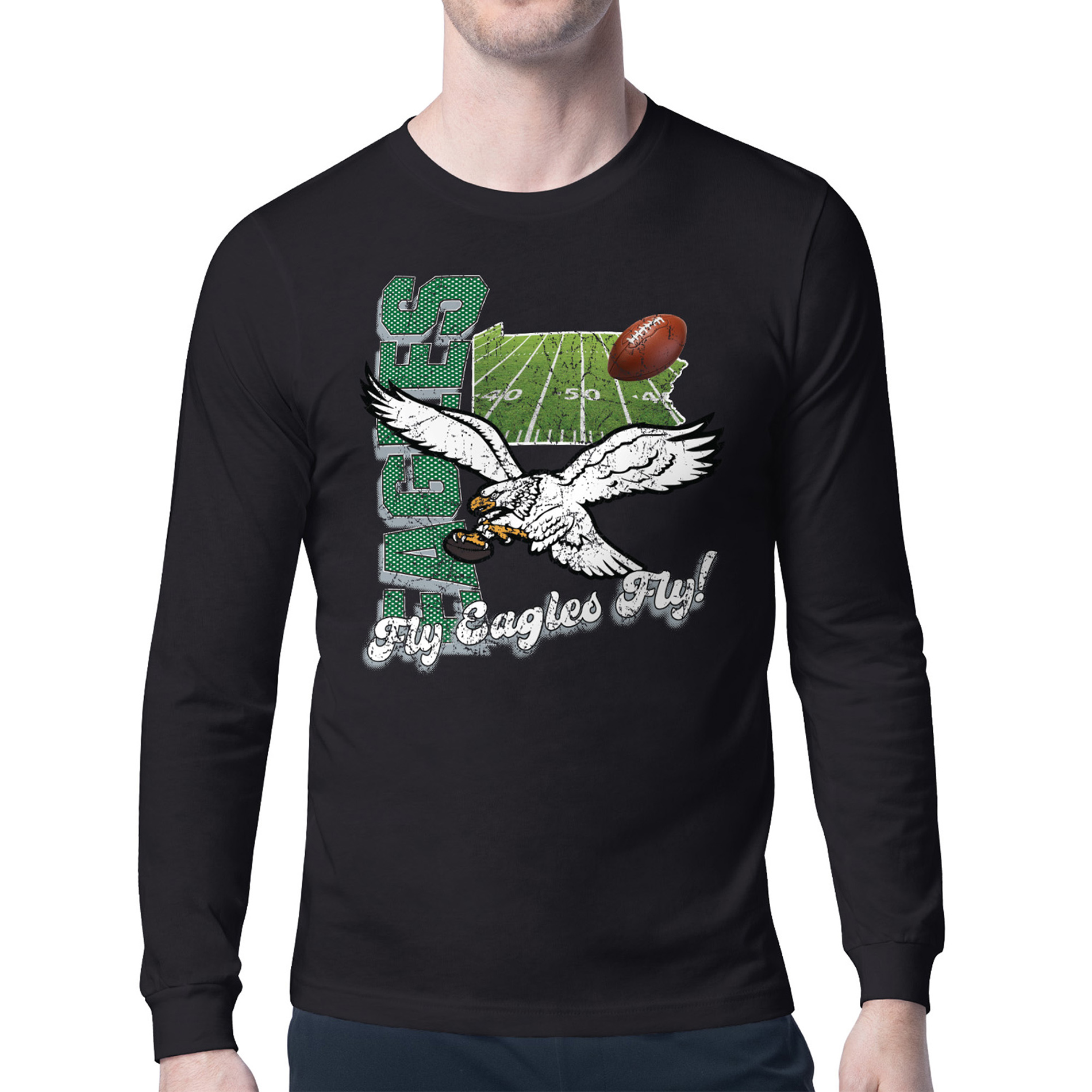 Men's Starter Black Philadelphia Eagles Distressed Retro State Field Long Sleeve T-Shirt